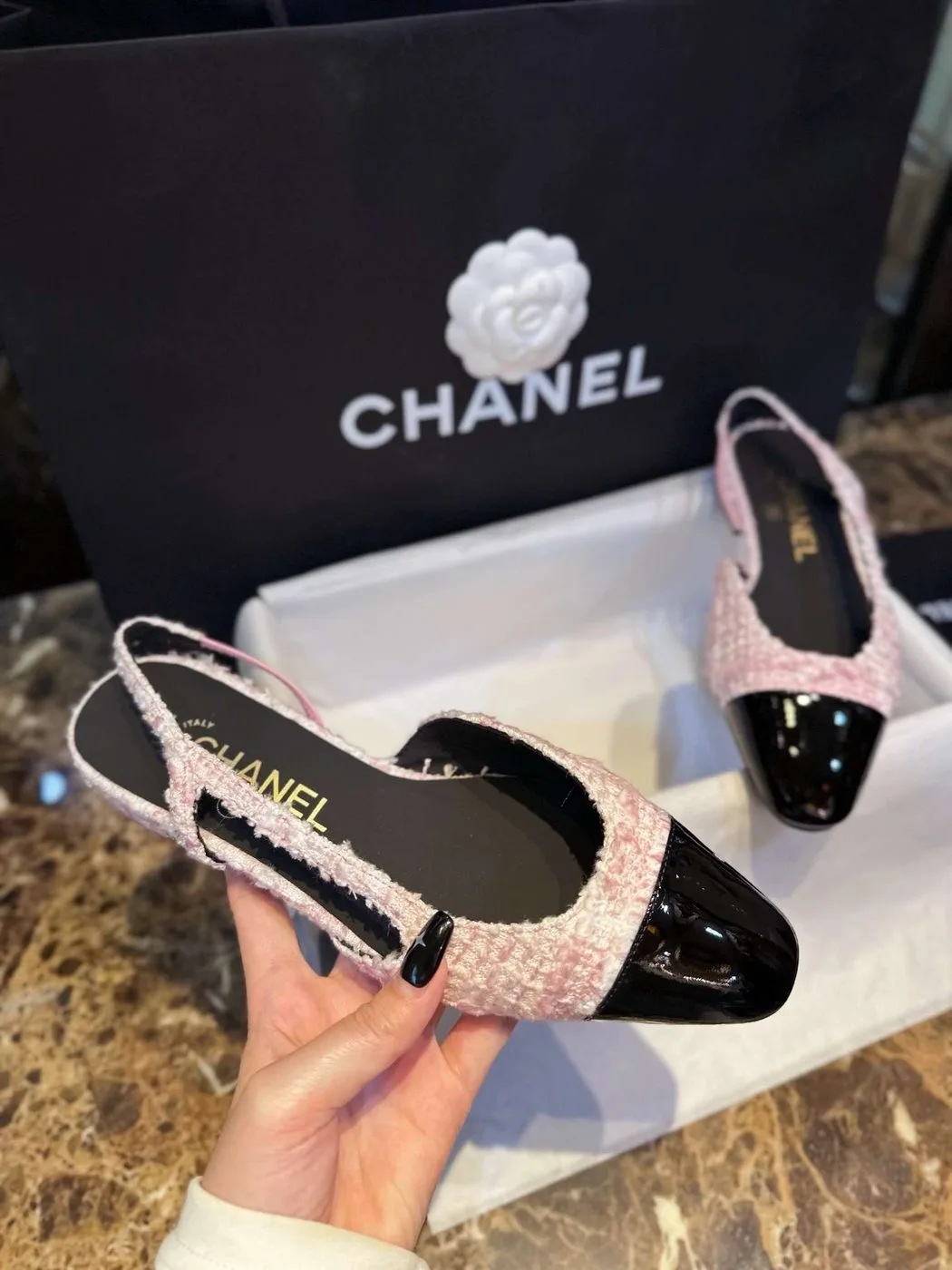 Chanel Sling Back Tweed Sandals Pink - Image 3