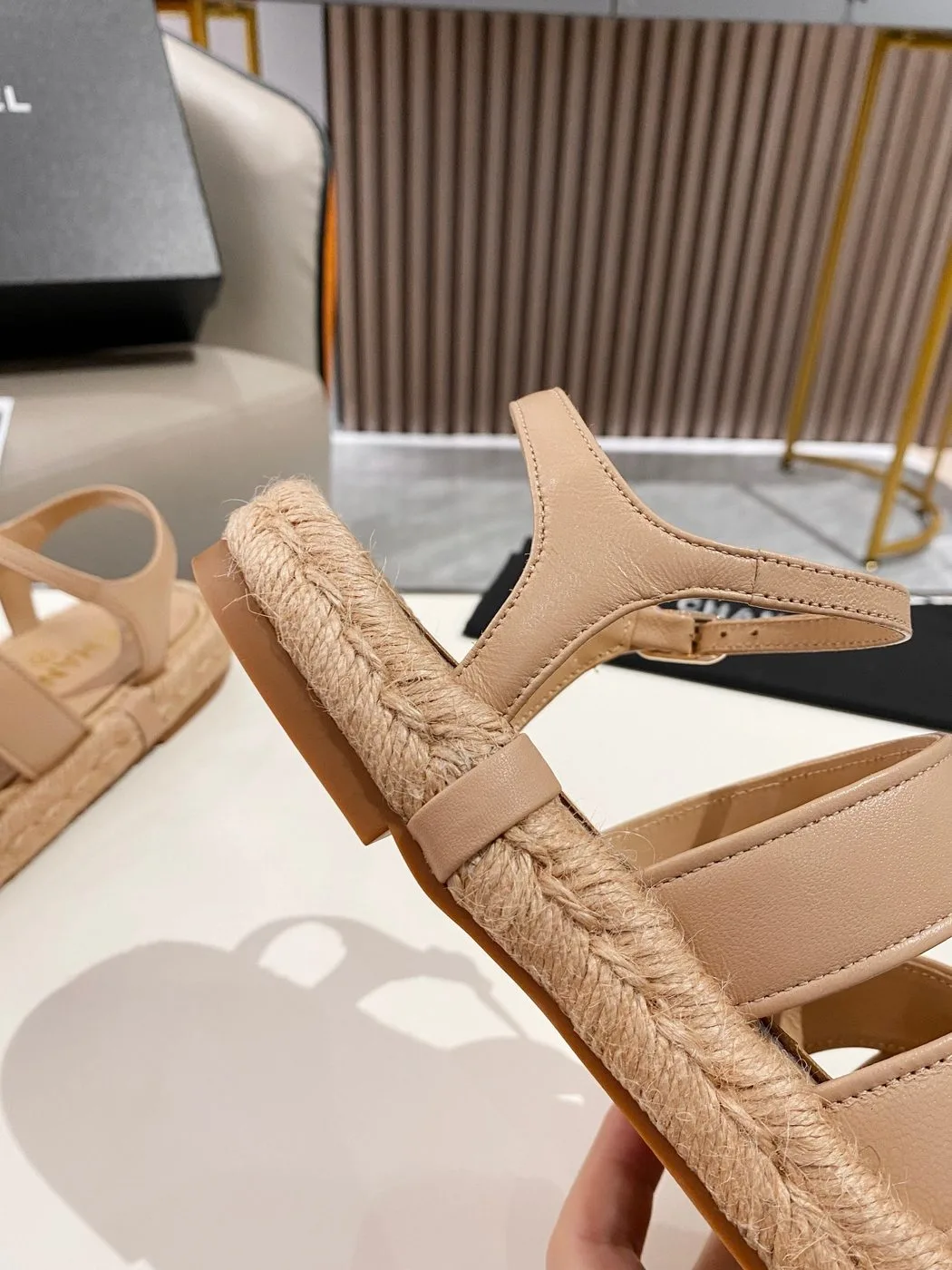 Chanel Straw Weave Strap Thick Sole Crossbody Brown - Image 5