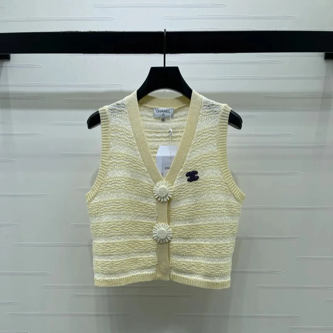 Chanel Striped Pointelle Sleeveless Top With Camellia Buttons Light Yellow - Image 2