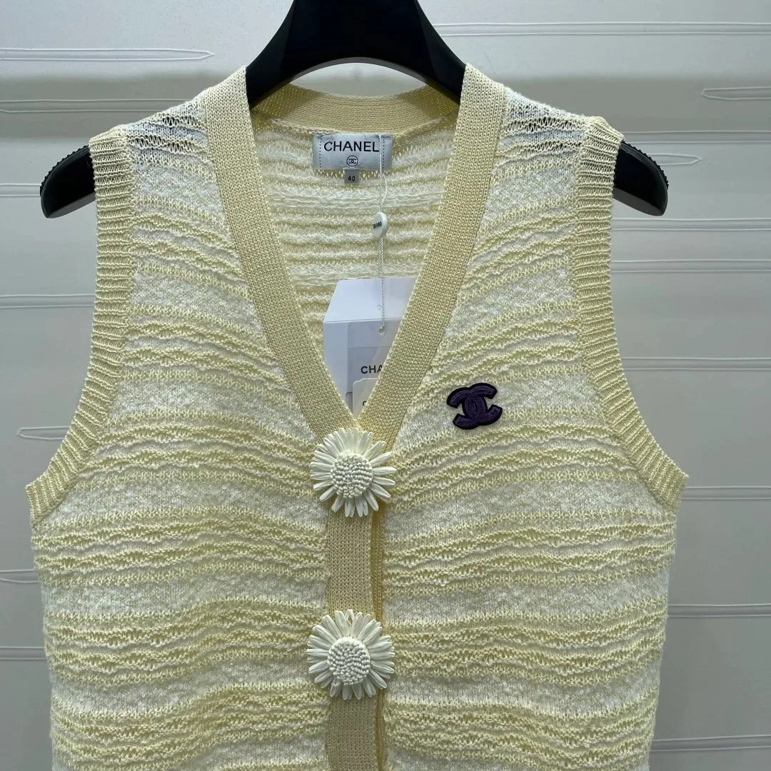 Chanel Striped Pointelle Sleeveless Top With Camellia Buttons Light Yellow - Image 3