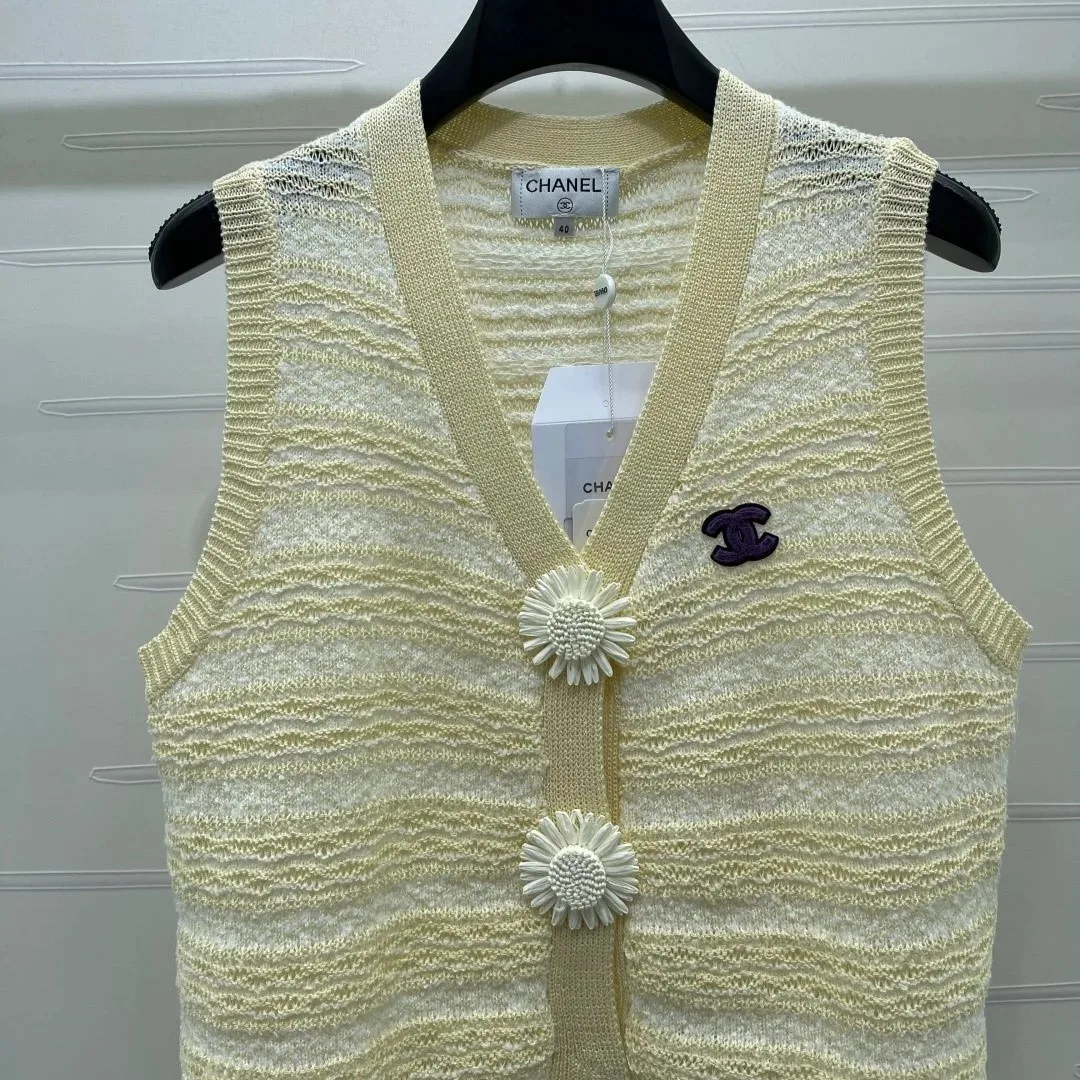 Chanel Striped Pointelle Sleeveless Top With Camellia Buttons Light Yellow - Image 4