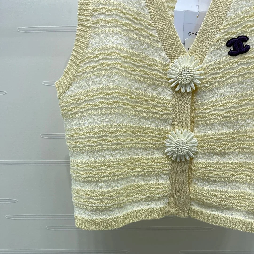 Chanel Striped Pointelle Sleeveless Top With Camellia Buttons Light Yellow - Image 5