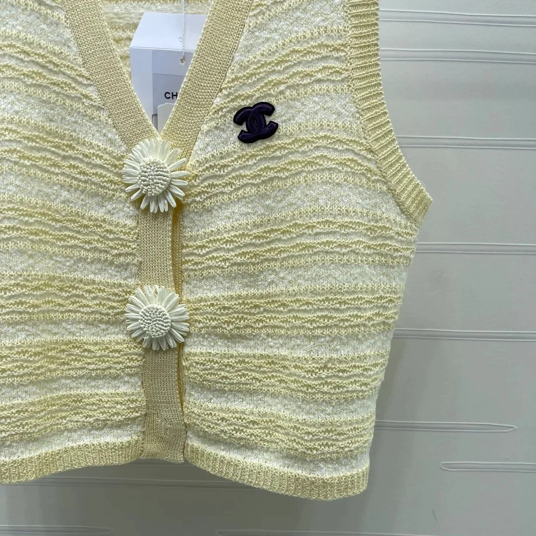 Chanel Striped Pointelle Sleeveless Top With Camellia Buttons Light Yellow - Image 6