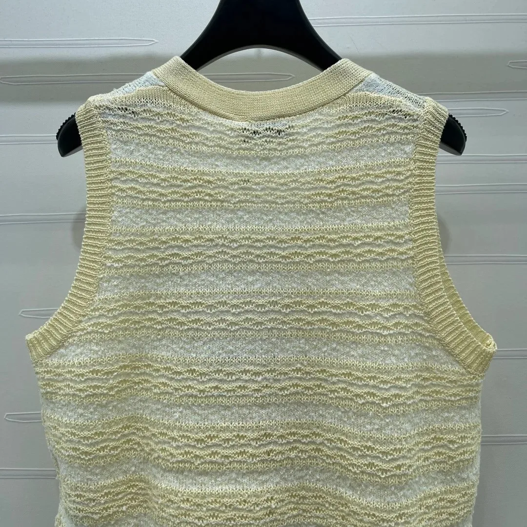 Chanel Striped Pointelle Sleeveless Top With Camellia Buttons Light Yellow - Image 7