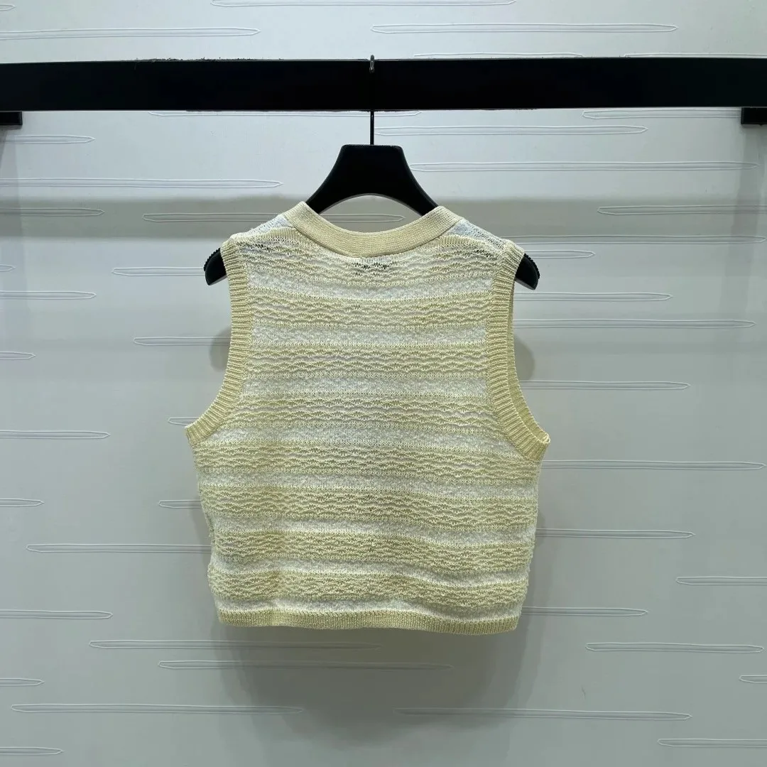 Chanel Striped Pointelle Sleeveless Top With Camellia Buttons Light Yellow - Image 8