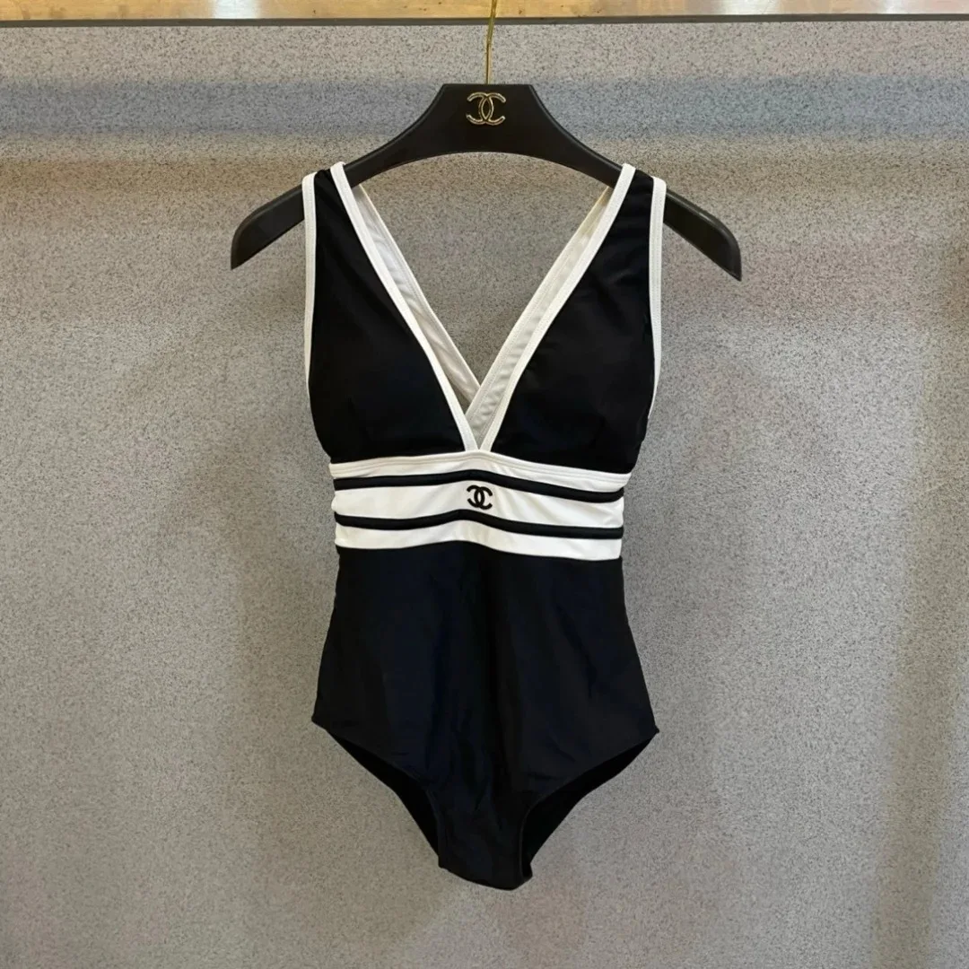 Chanel Striped V-Neck One-Piece Swimsuit Black - Image 3