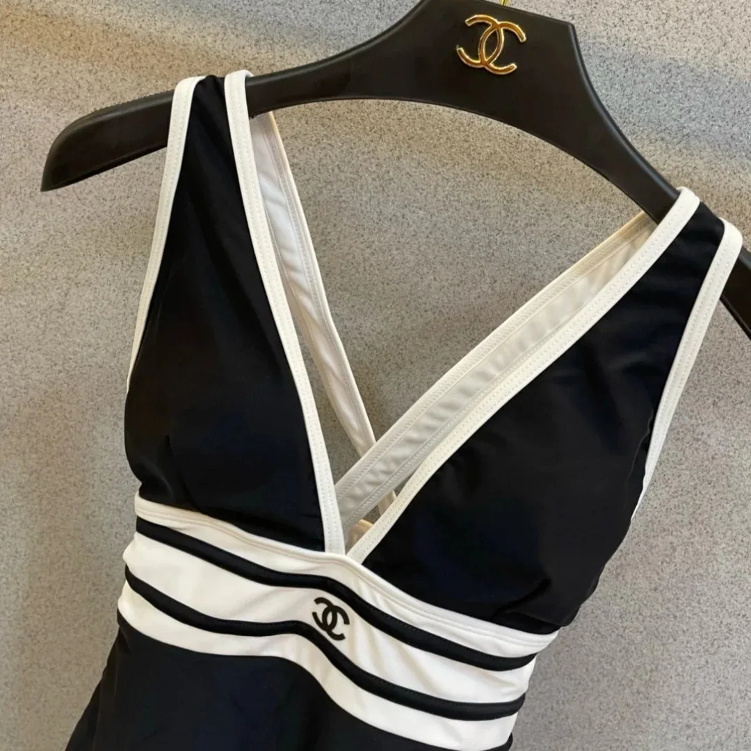Chanel Striped V-Neck One-Piece Swimsuit Black - Image 4