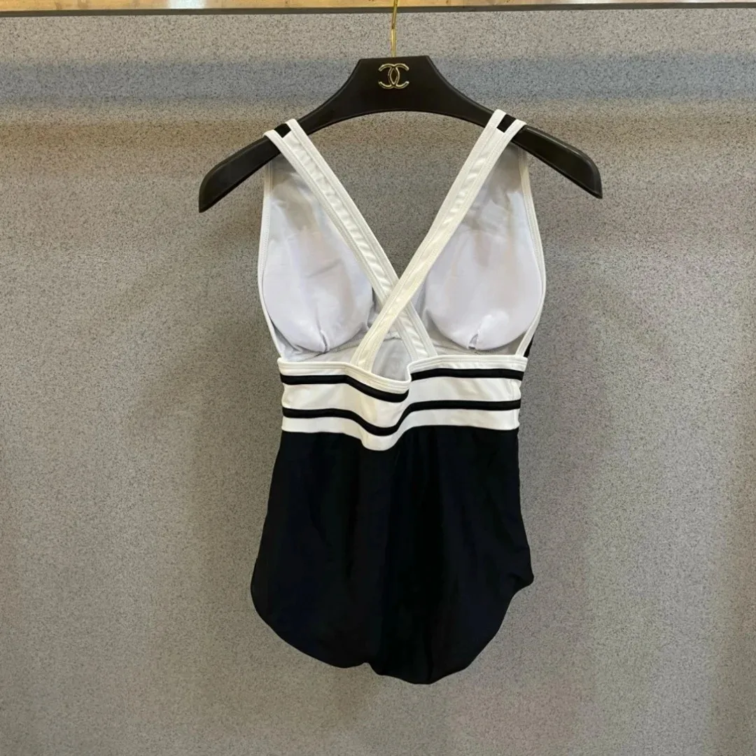 Chanel Striped V-Neck One-Piece Swimsuit Black - Image 7