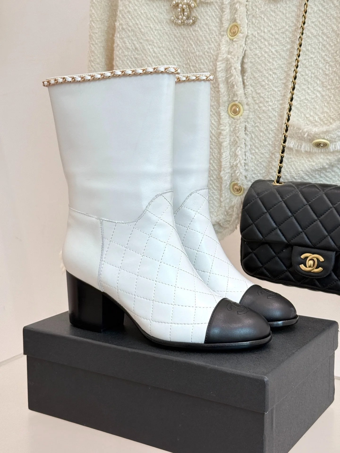 Alternative view of Chanel Double C Chunky Heel Boots With Chain Detail White