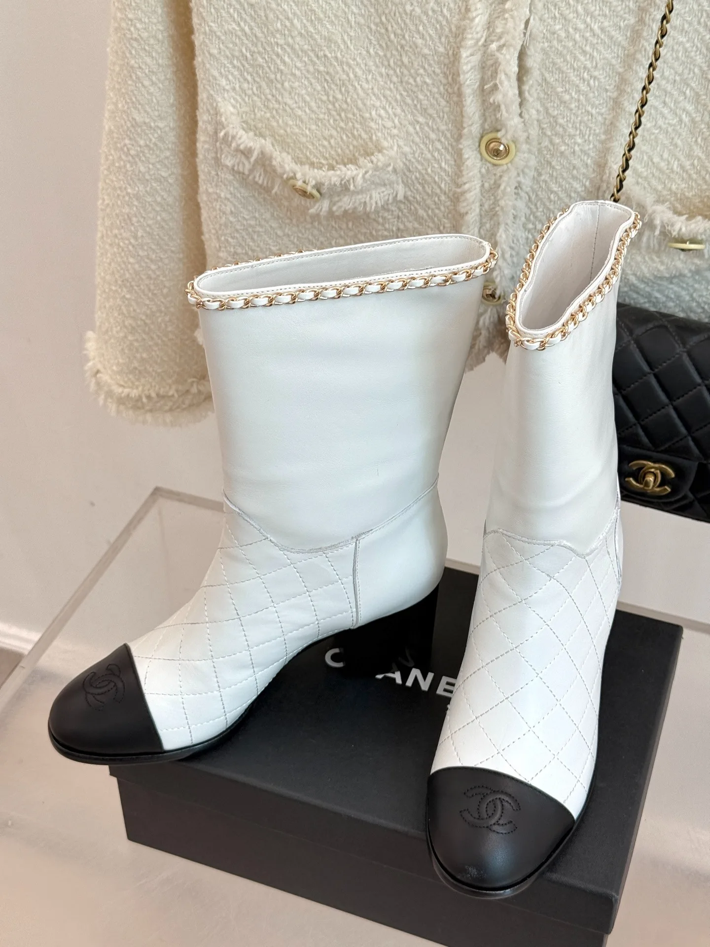 Chanel Double C Chunky Heel Boots With Chain Detail White - Image 3
