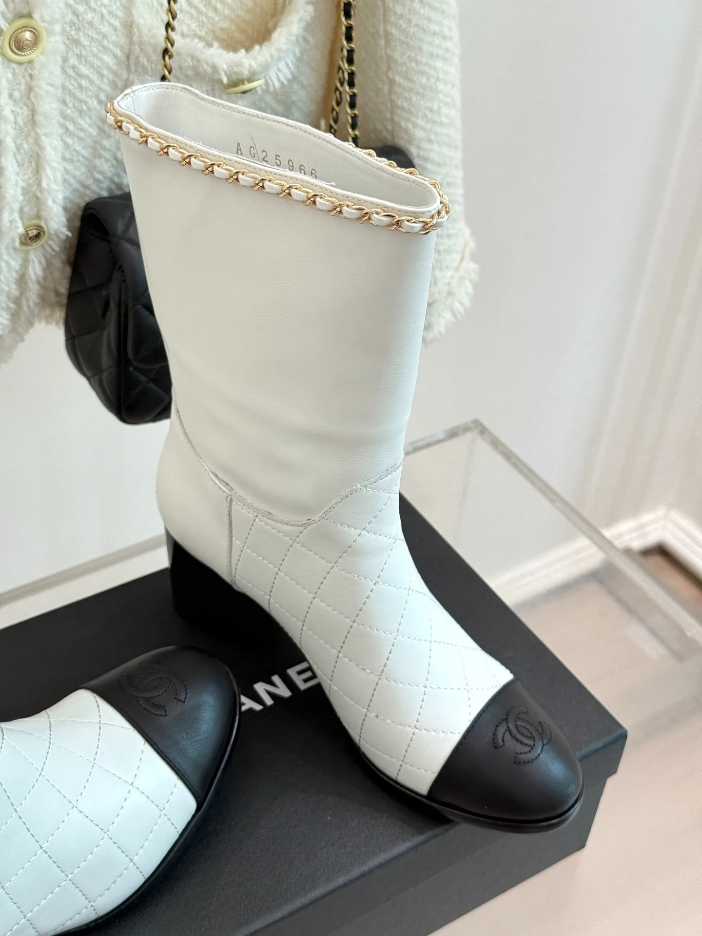 Chanel Double C Chunky Heel Boots With Chain Detail White - Image 4