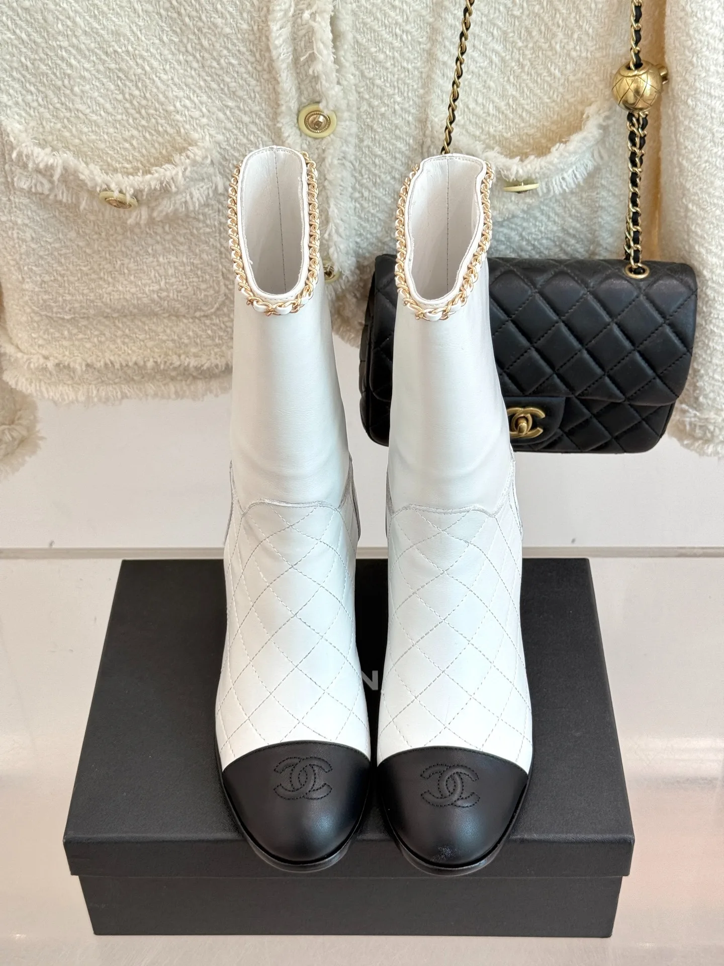 Chanel Double C Chunky Heel Boots With Chain Detail White - Image 5