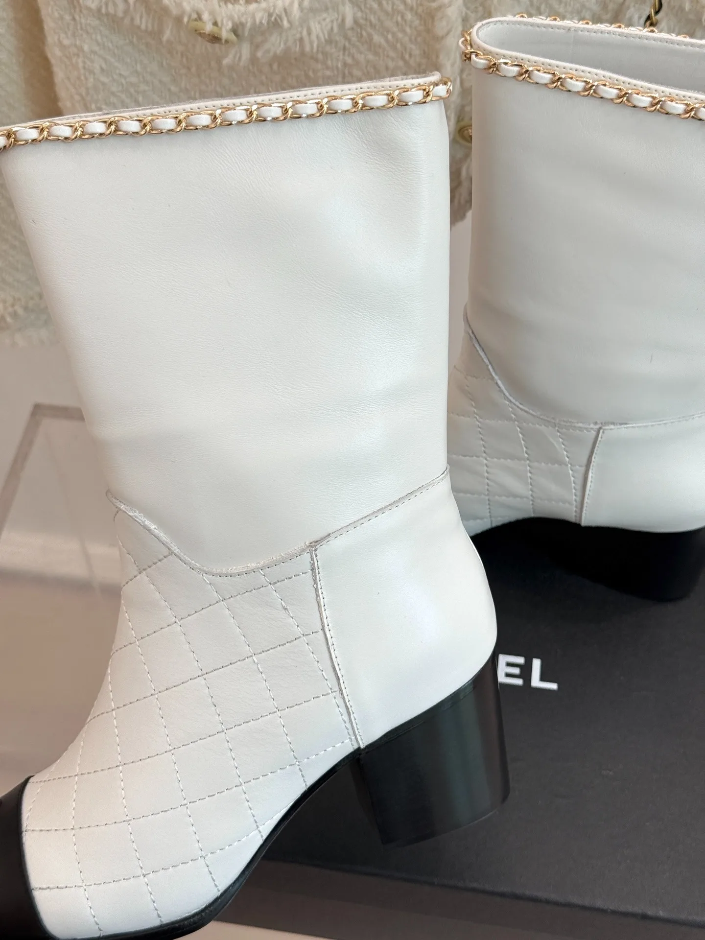 Chanel Double C Chunky Heel Boots With Chain Detail White - Image 6