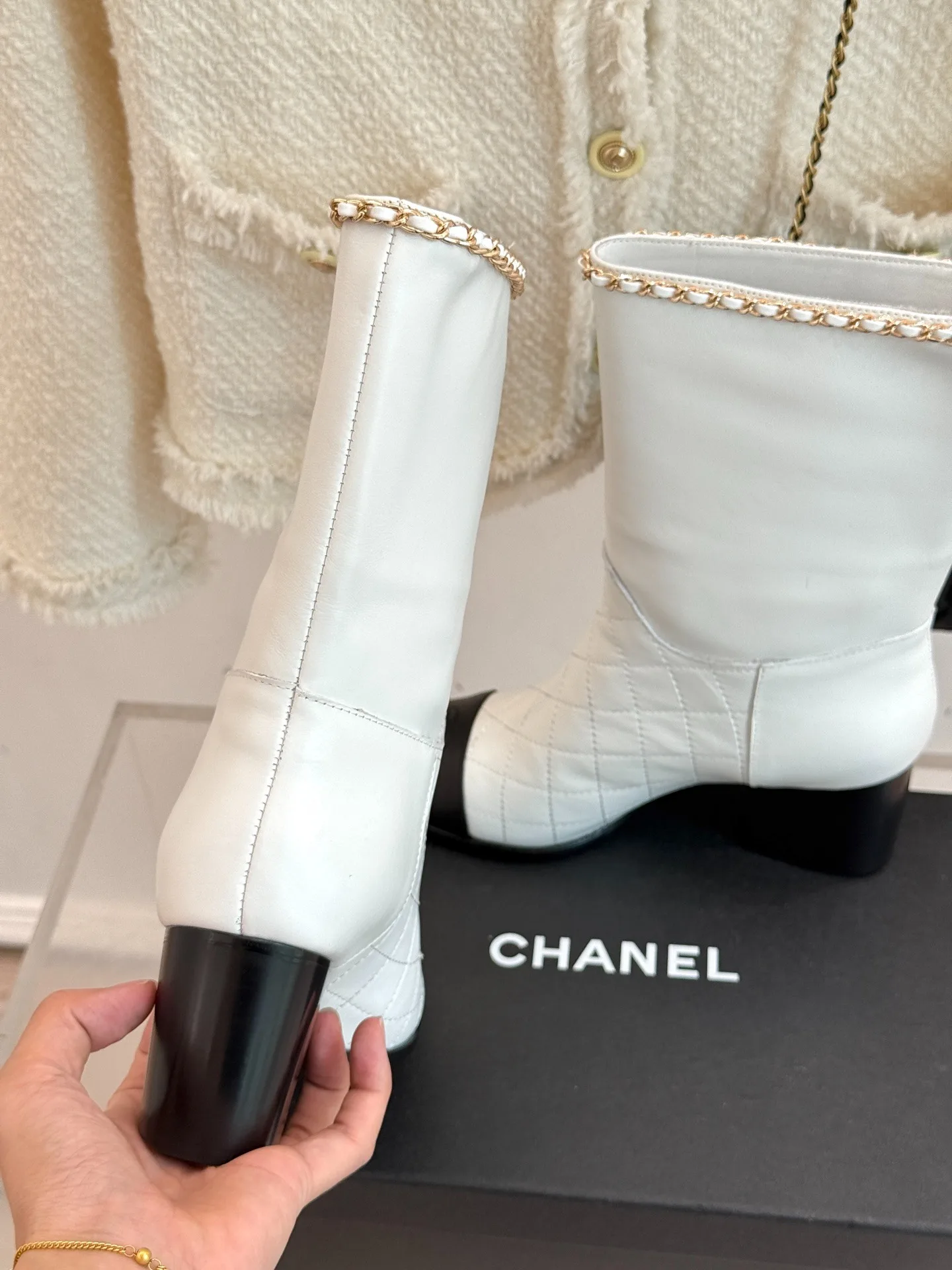 Chanel Double C Chunky Heel Boots With Chain Detail White - Image 7