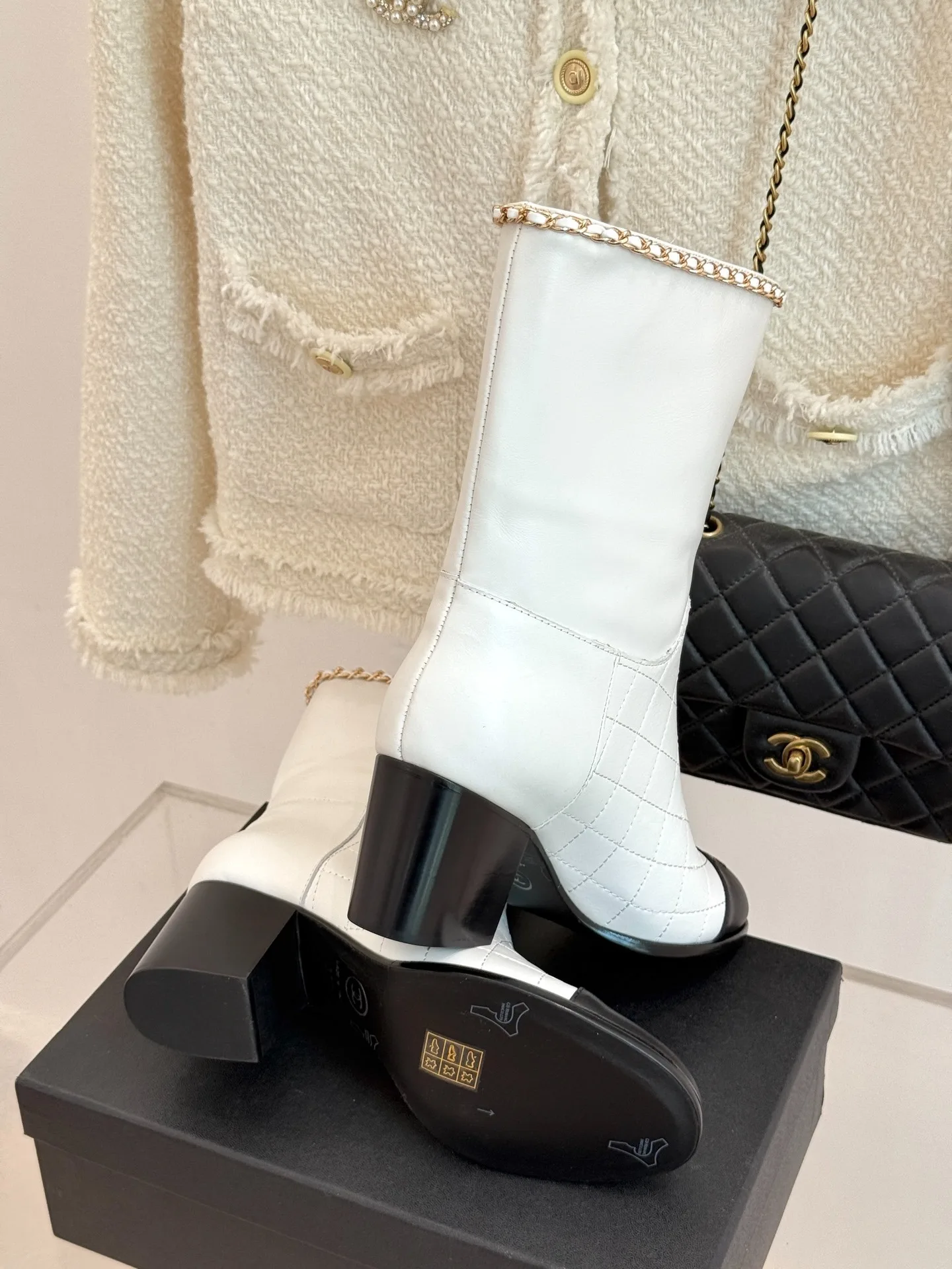 Chanel Double C Chunky Heel Boots With Chain Detail White - Image 10