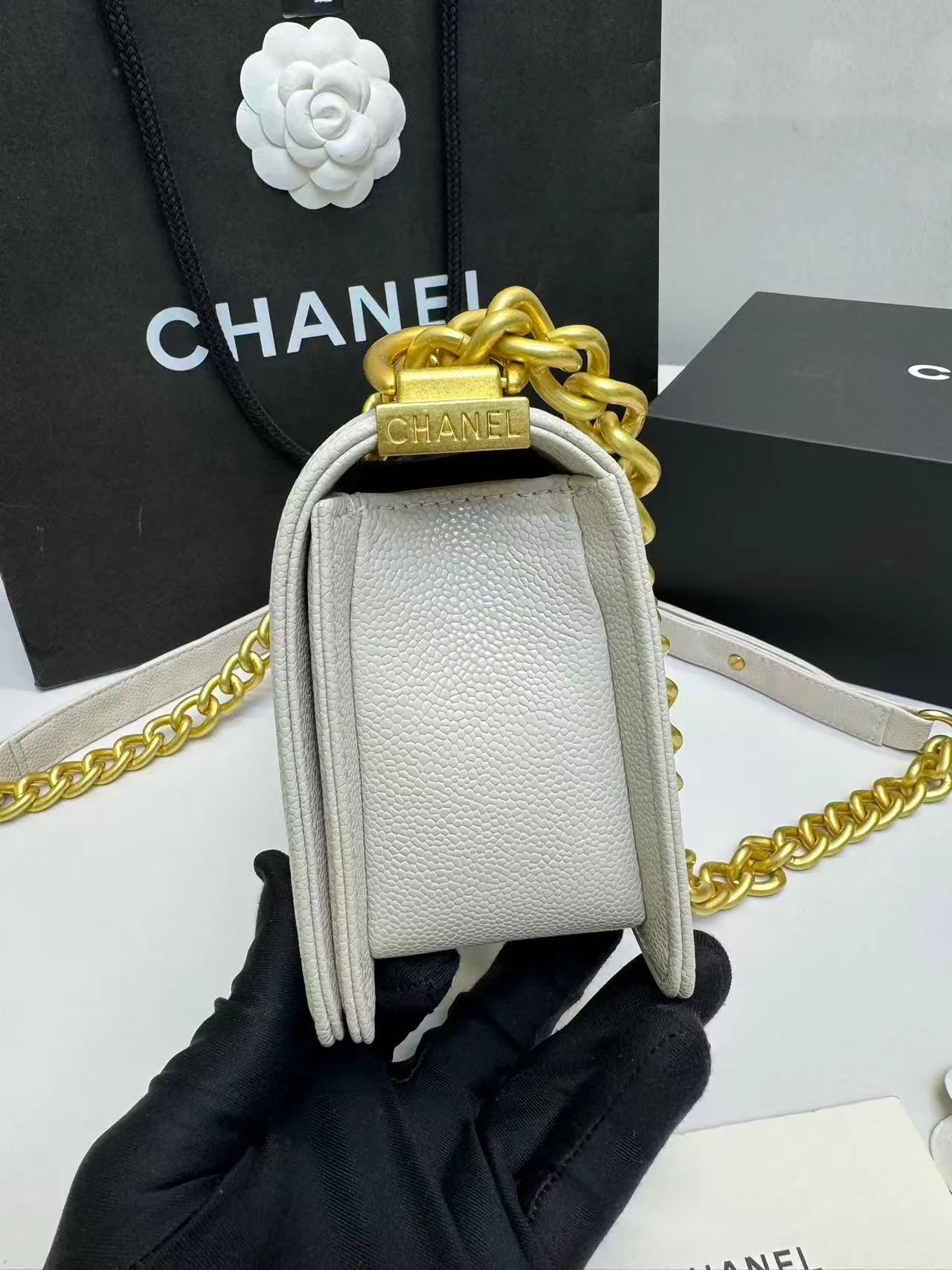 Chanel Boy Small Crossbody Bag / Ivory Gold Hardware - Image 4