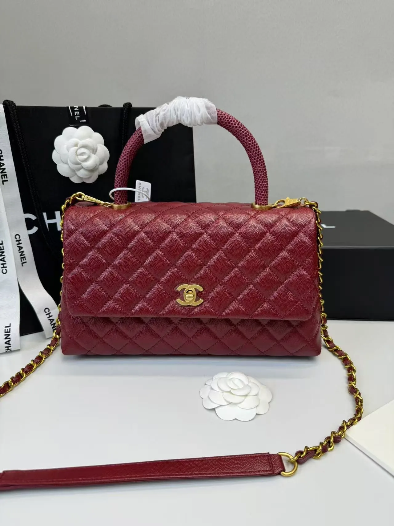 Alternative view of Chanel Handbag With Top Handle Dark Red /