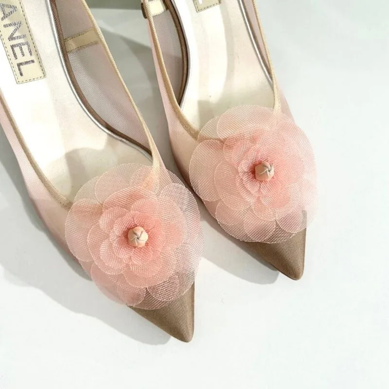 Chanel Mesh Camellia Heels Pink - Image 4