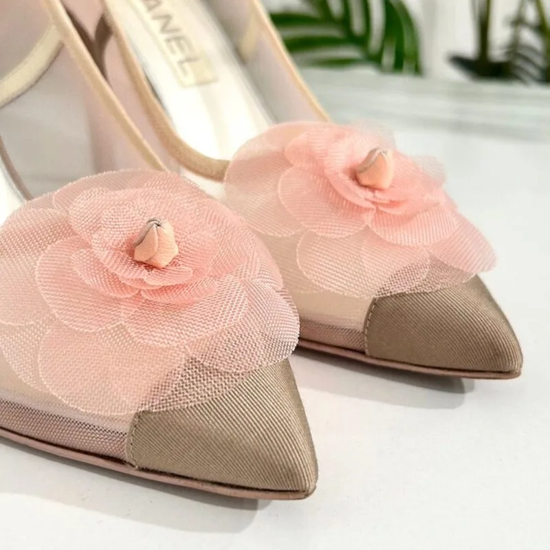Chanel Mesh Camellia Heels Pink - Image 5