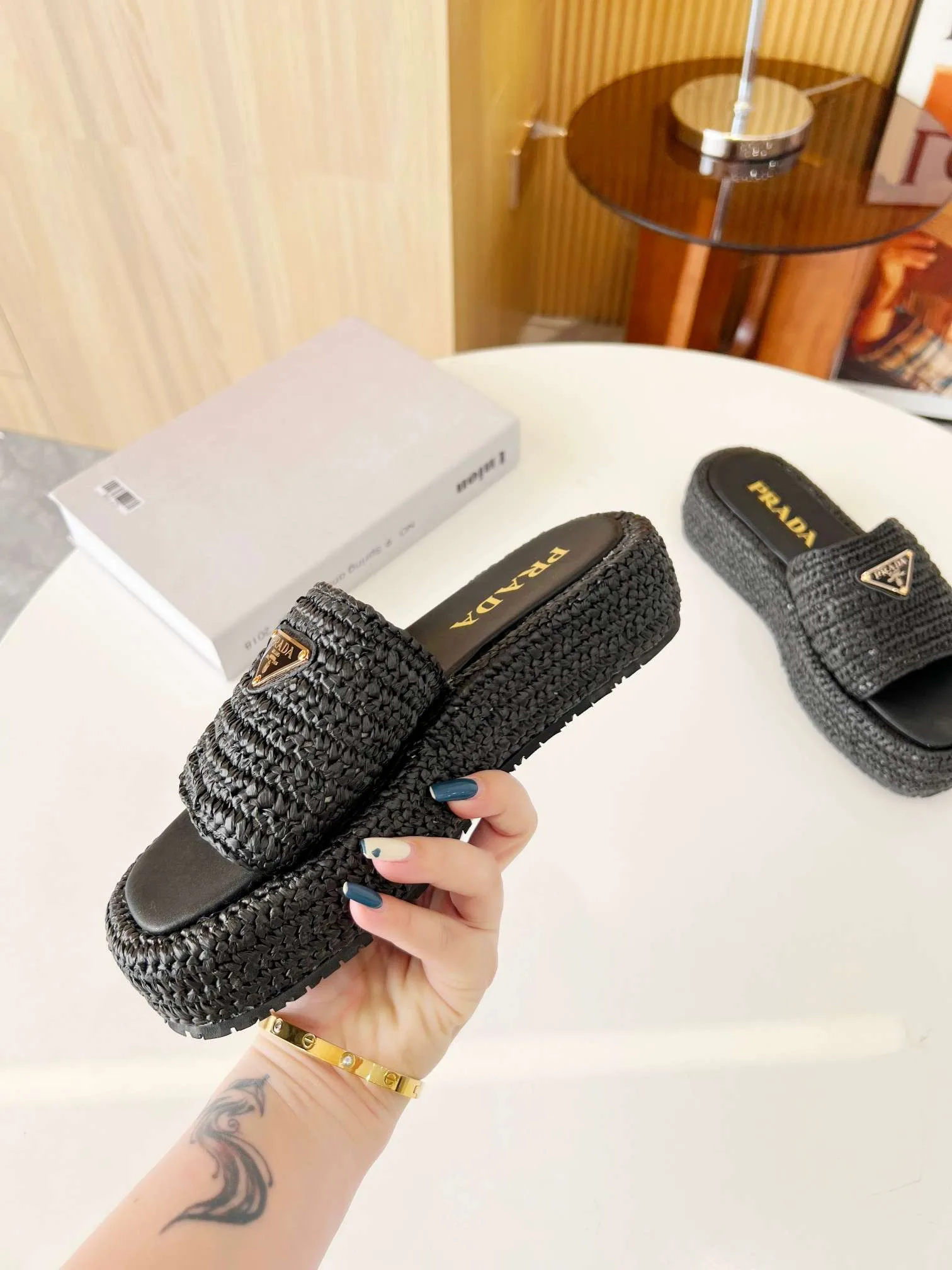 Prada Crochet Flatform Slides Black - Image 7