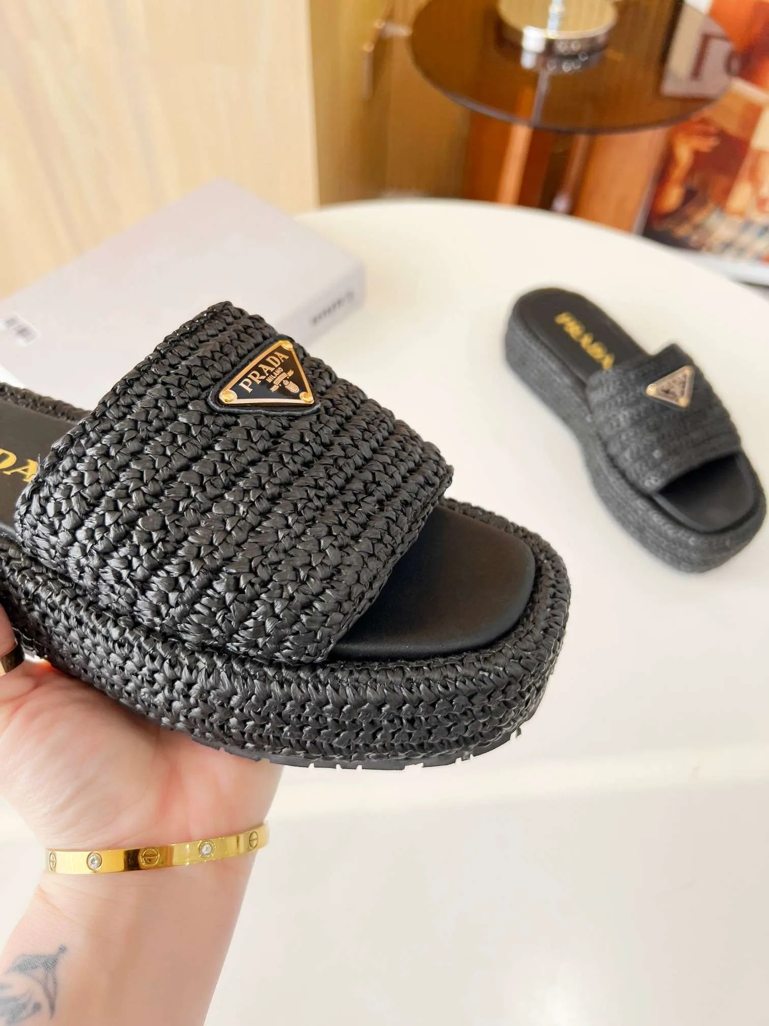Prada Crochet Flatform Slides Black - Image 3