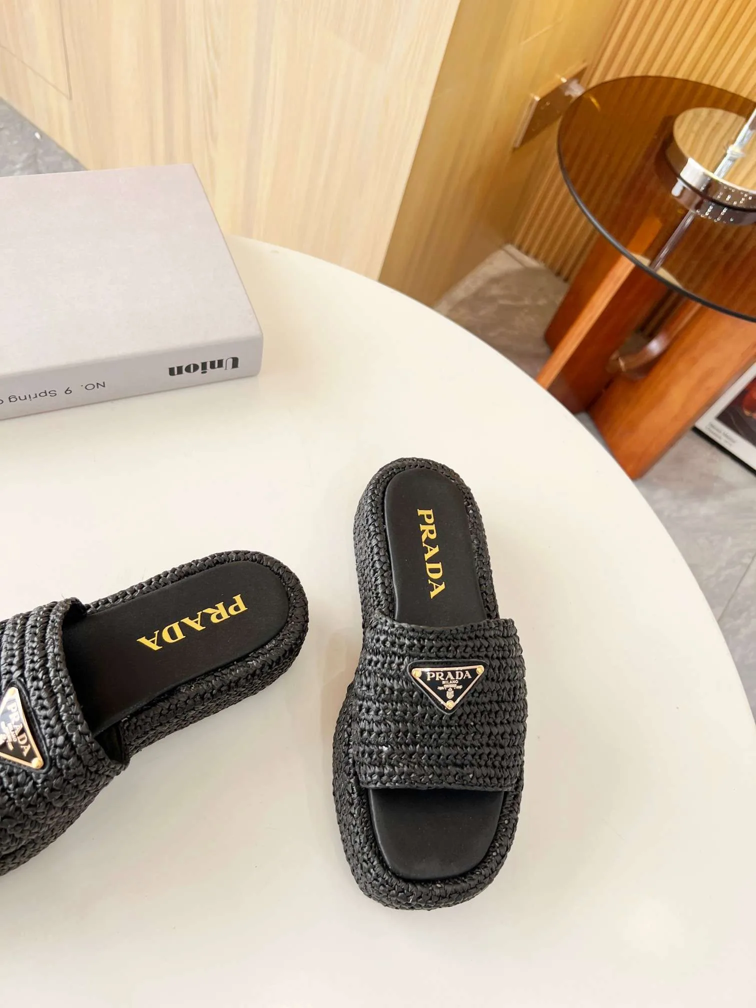 Prada Crochet Flatform Slides Black - Image 9