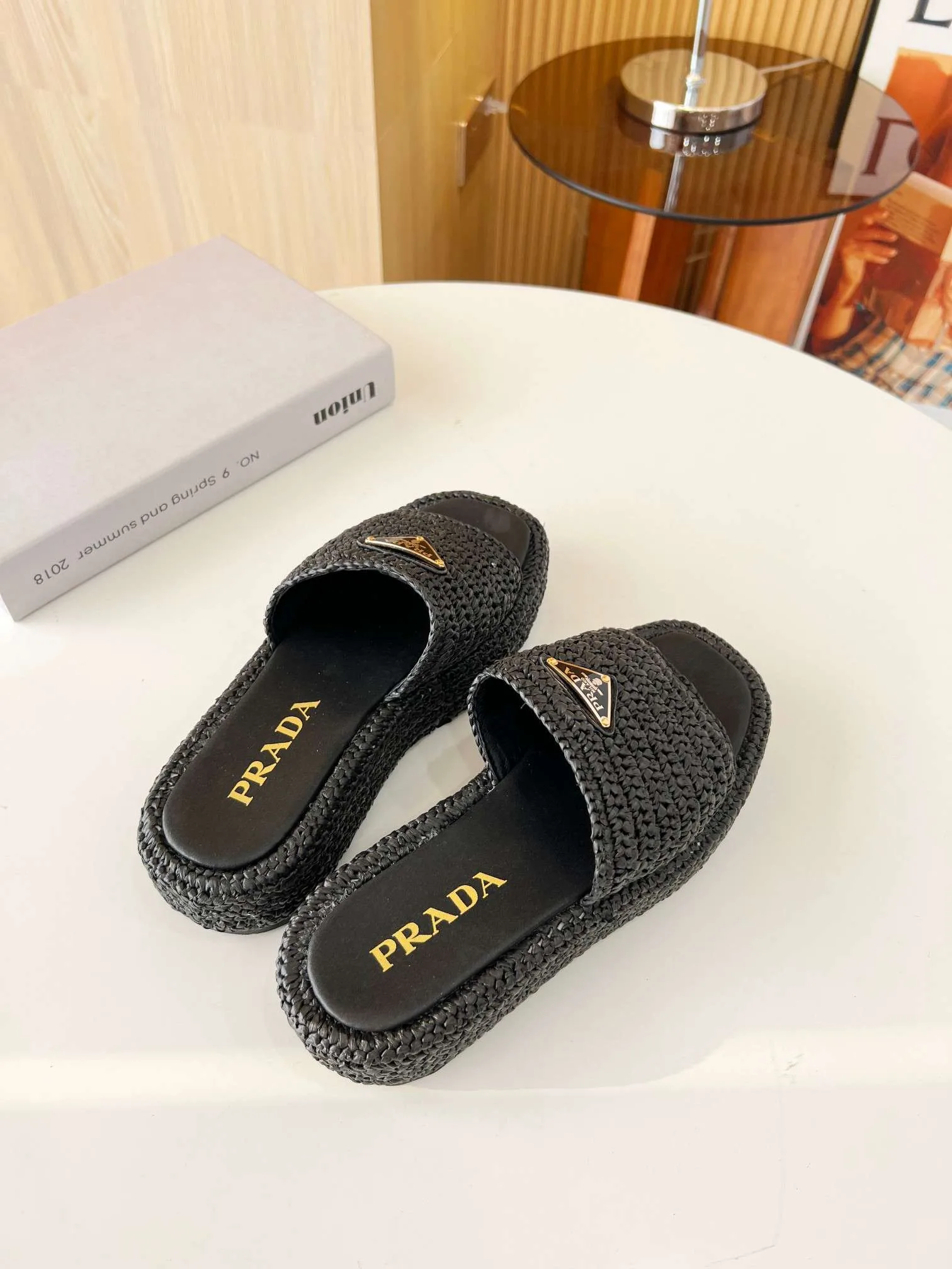 Prada Crochet Flatform Slides Black - Image 8