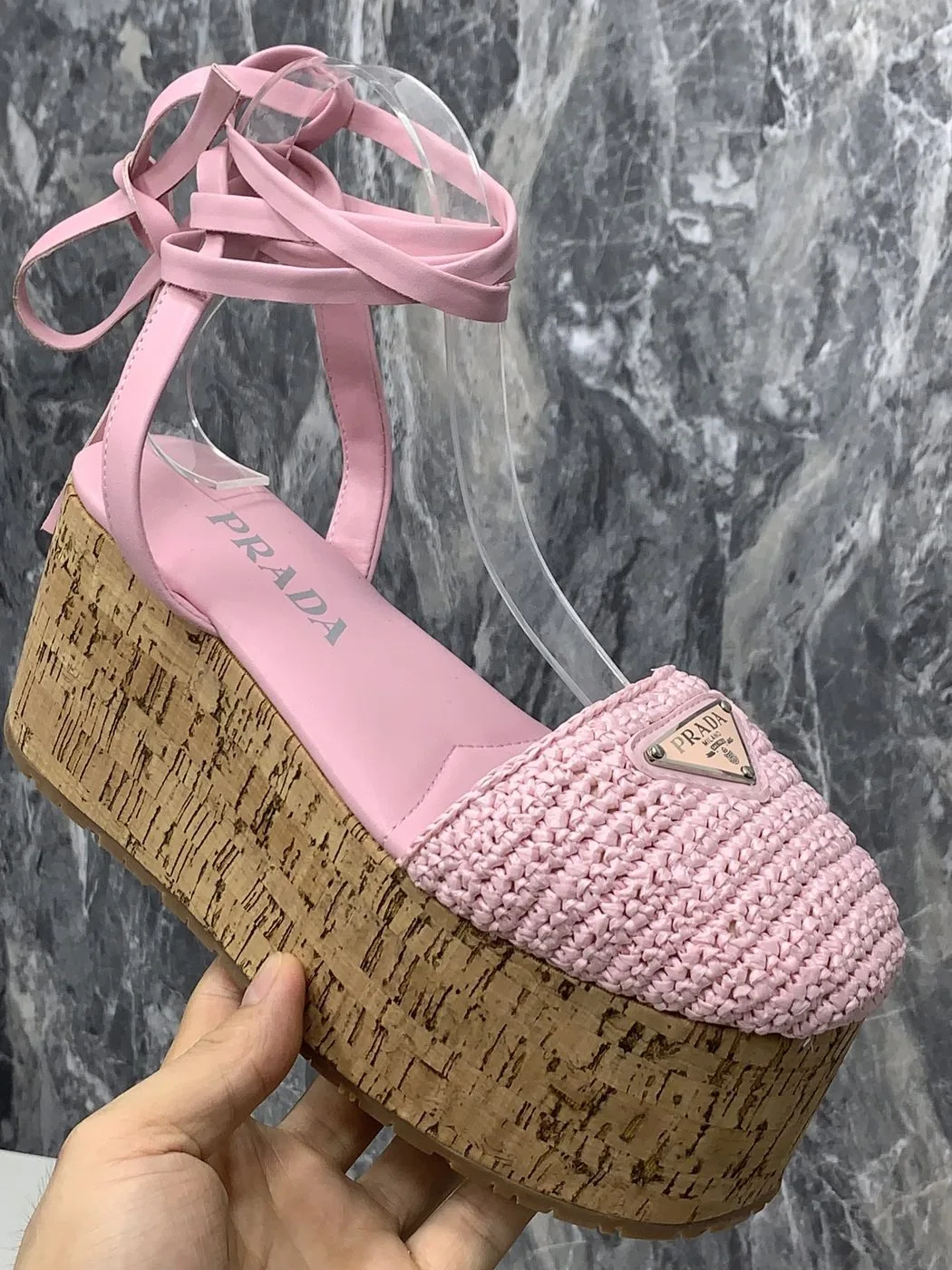 Prada Crochet Wedge Sandals Pink - Image 3