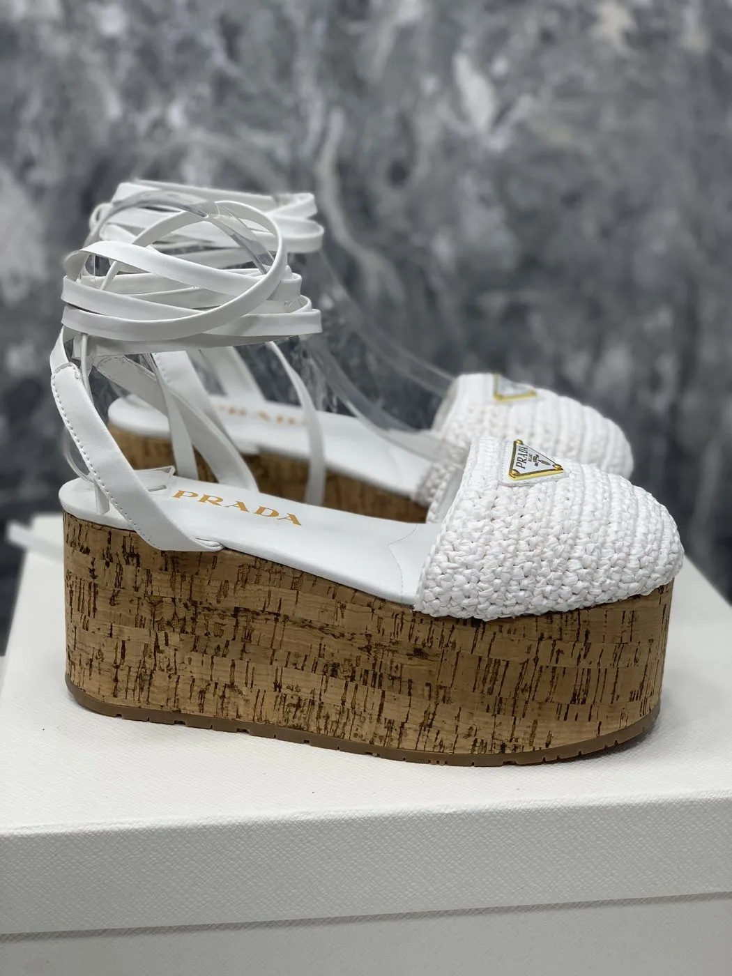 Prada Crochet Wedge Sandals White - Image 5