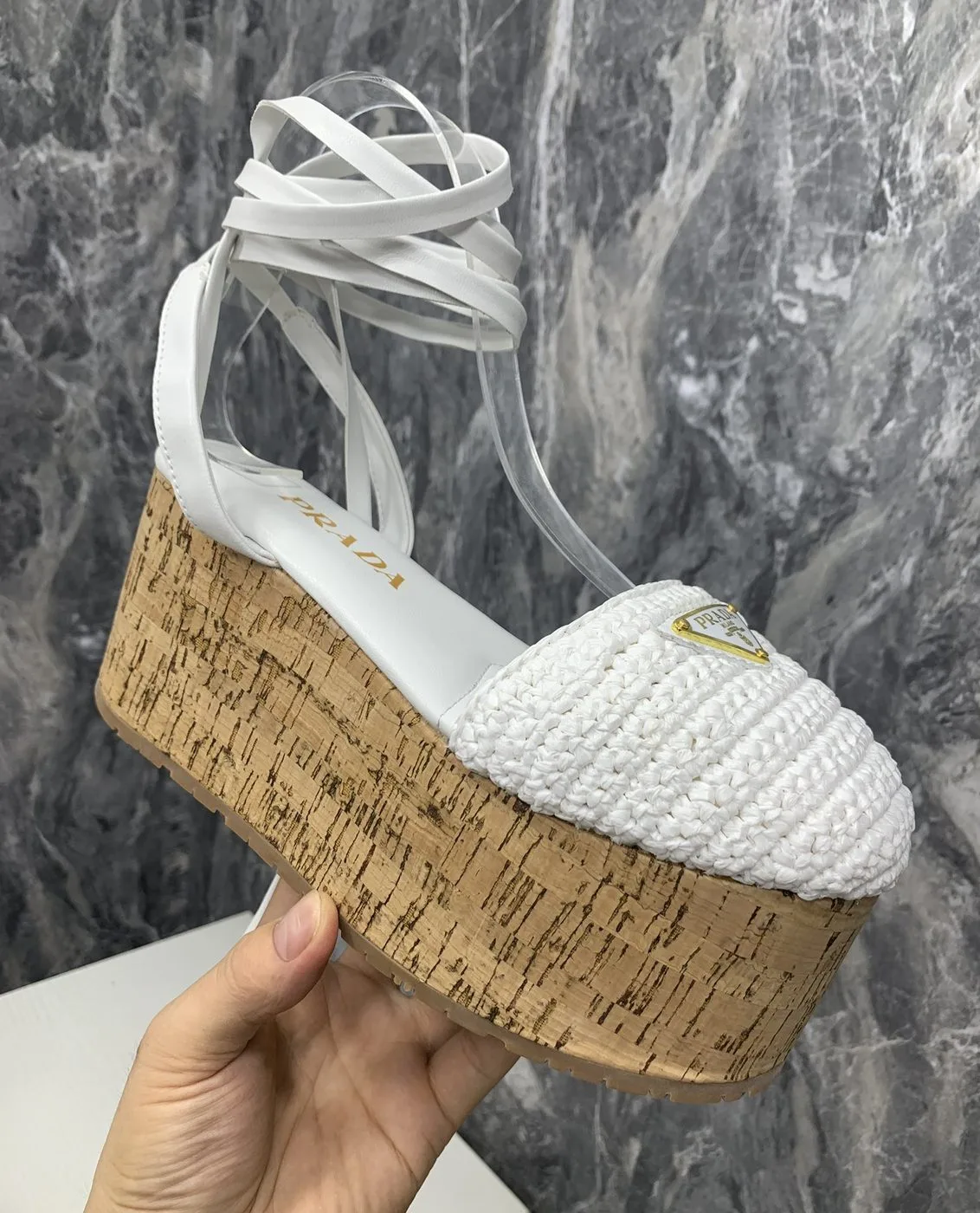 Prada Crochet Wedge Sandals White - Image 3