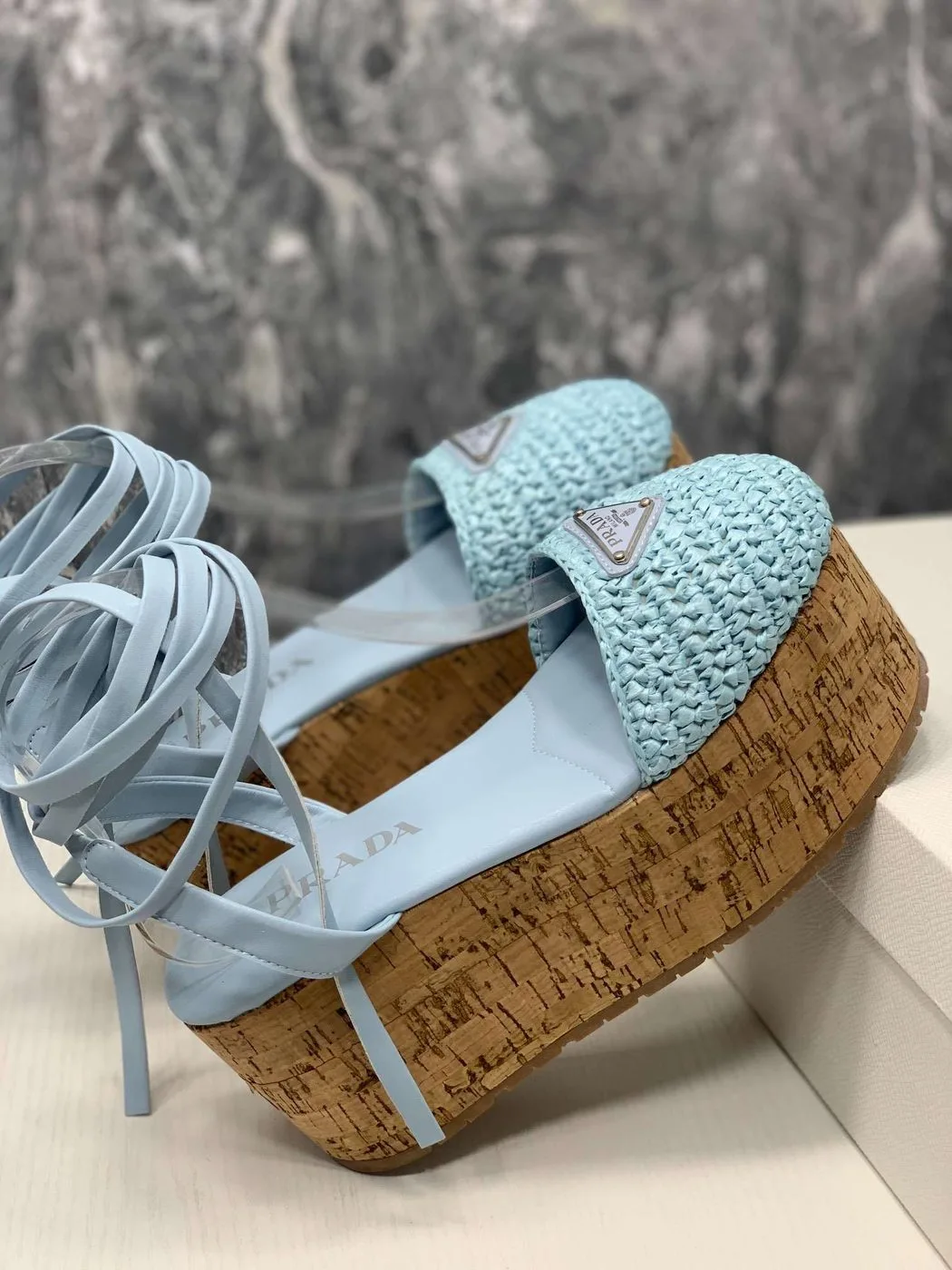 Prada Crochet Wedge Sandals Light Blue - Image 3