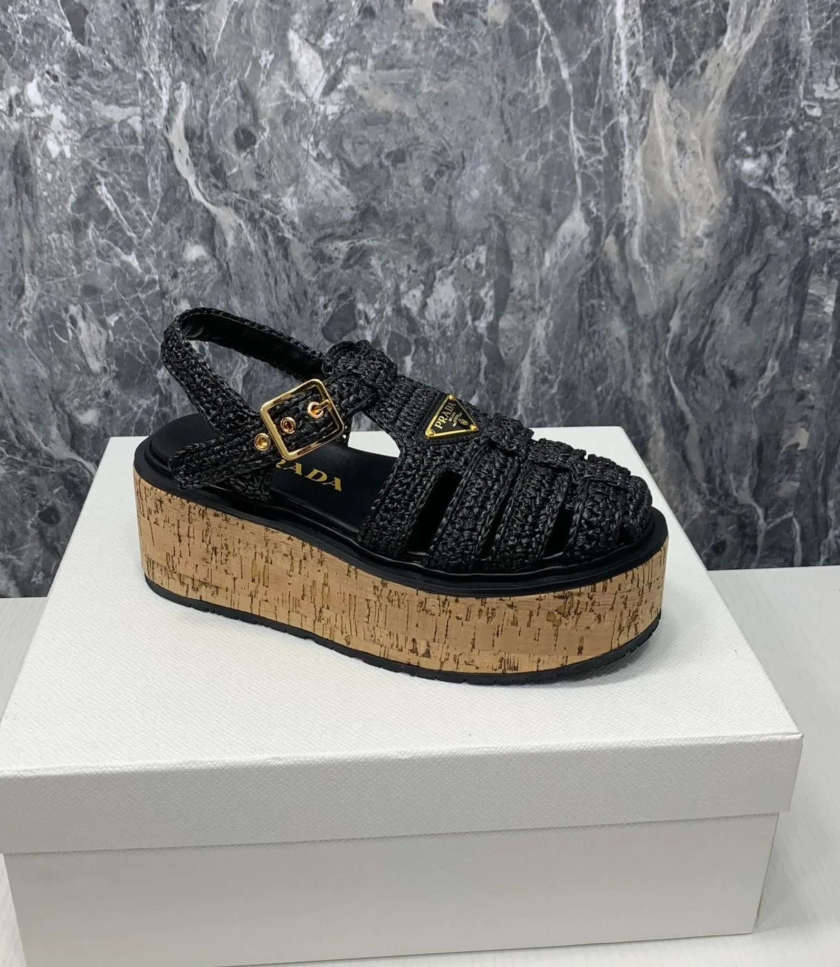 Prada Crochet Wedge Sandals Black - Image 5