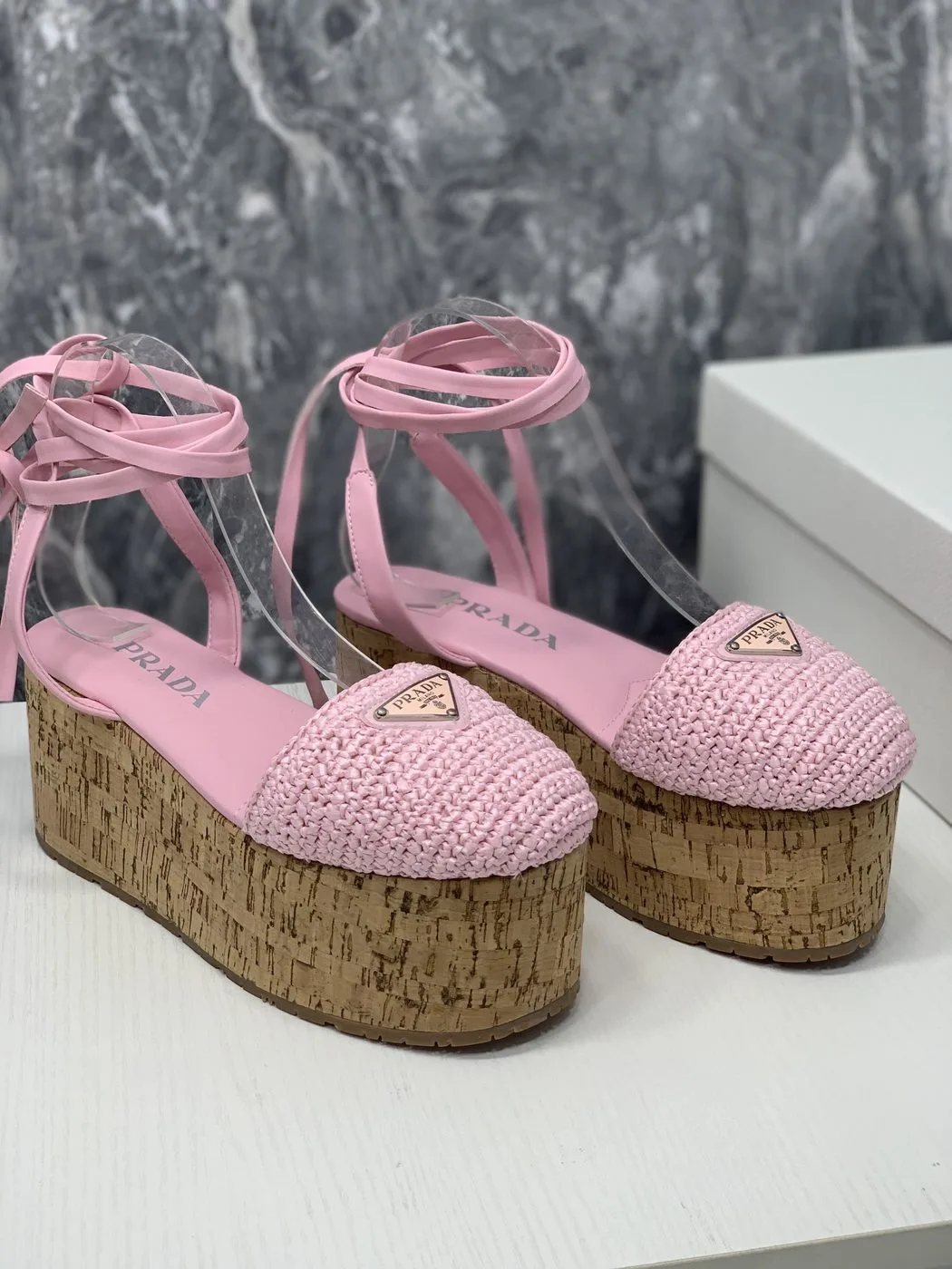 Prada Crochet Wedge Sandals Pink - Image 5