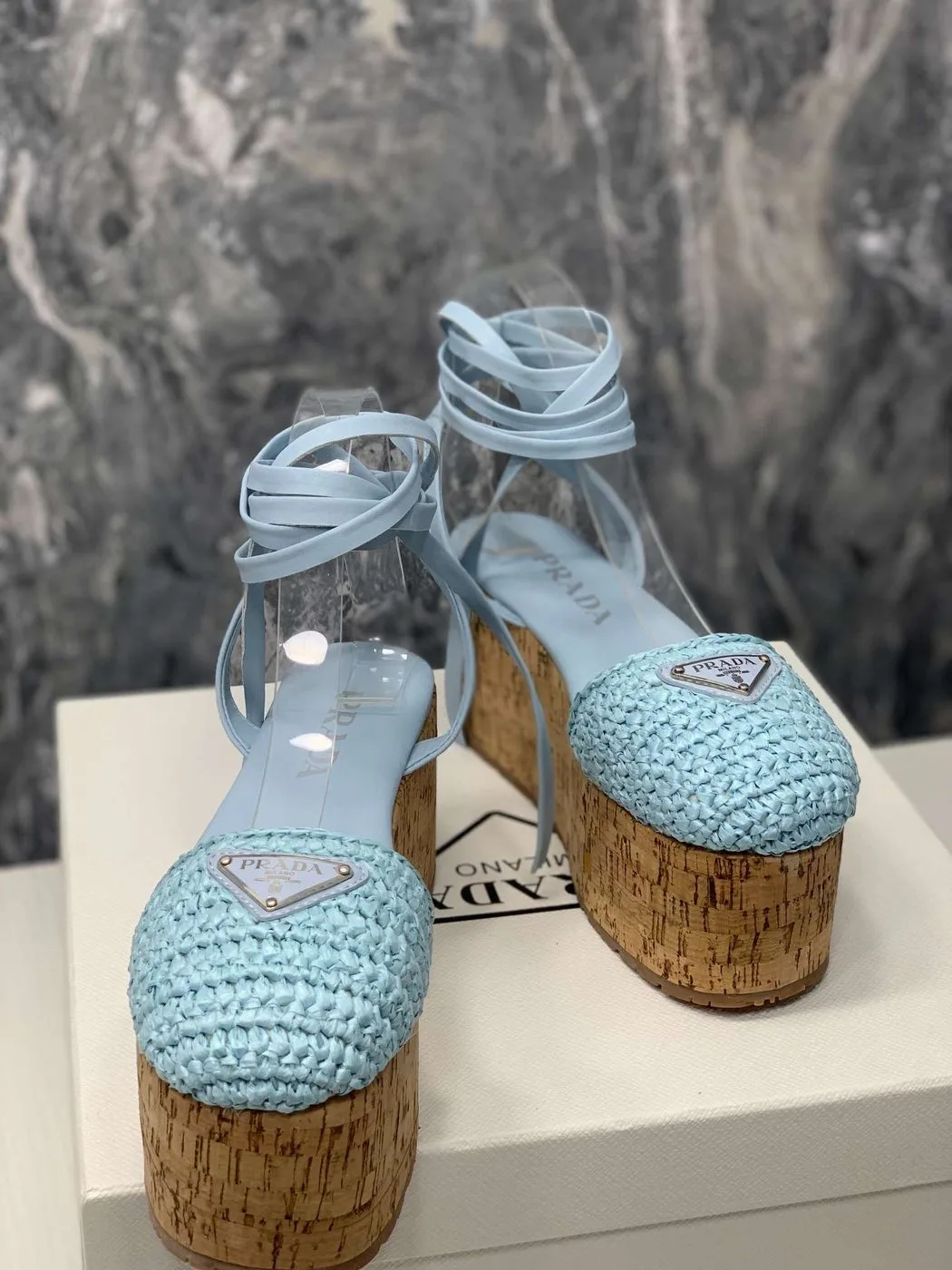 Prada Crochet Wedge Sandals Light Blue - Image 8