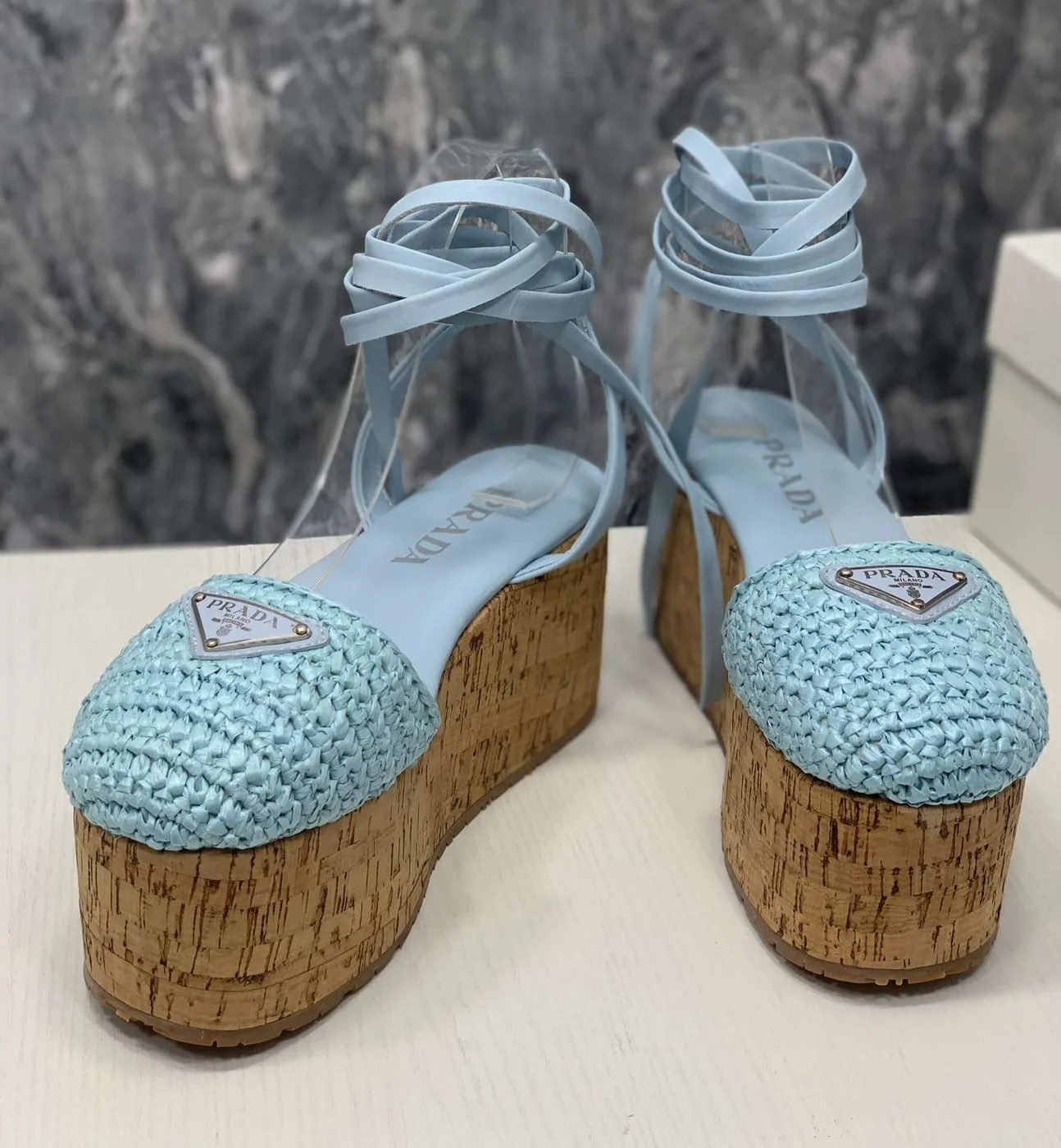 Prada Crochet Wedge Sandals Light Blue - Image 7