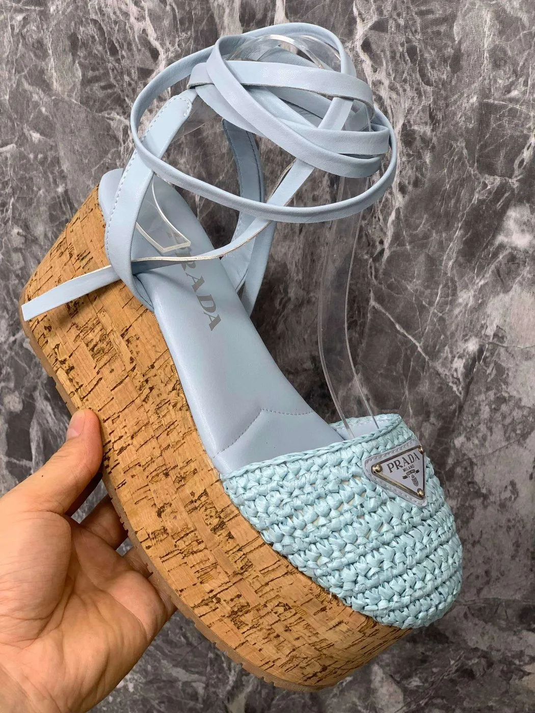 Prada Crochet Wedge Sandals Light Blue - Image 6