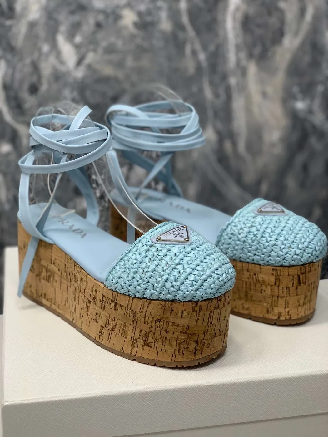 Prada Crochet Wedge Sandals Light Blue - Image 5