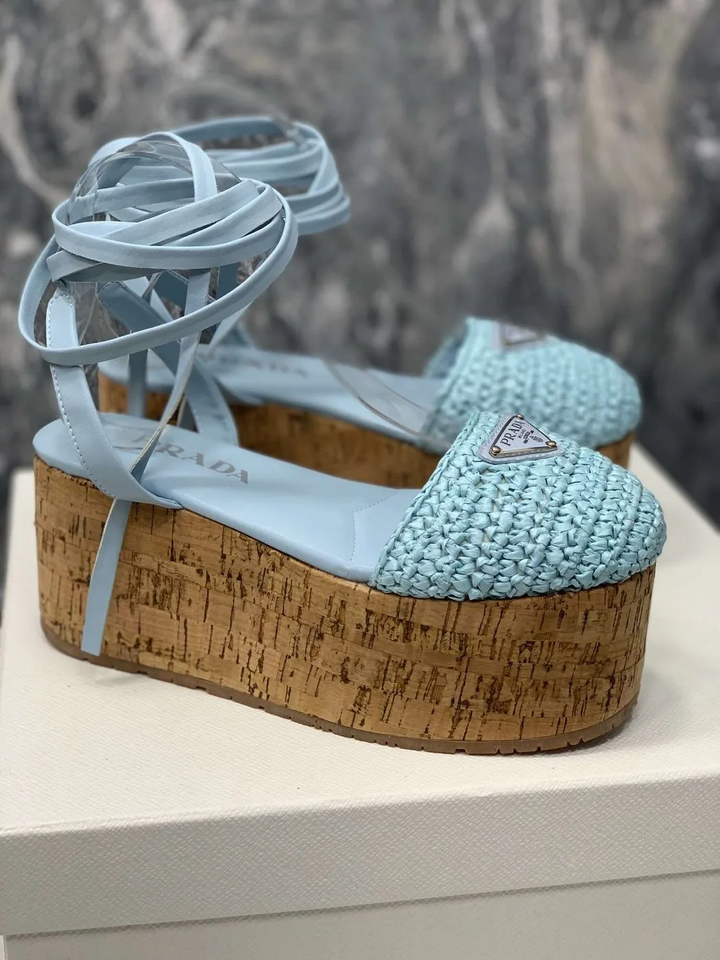 Prada Crochet Wedge Sandals Light Blue - Image 4