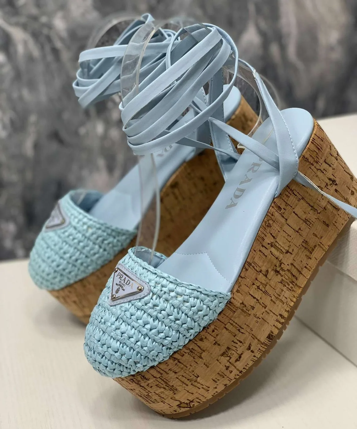 Prada Crochet Wedge Sandals Light Blue - Image 3