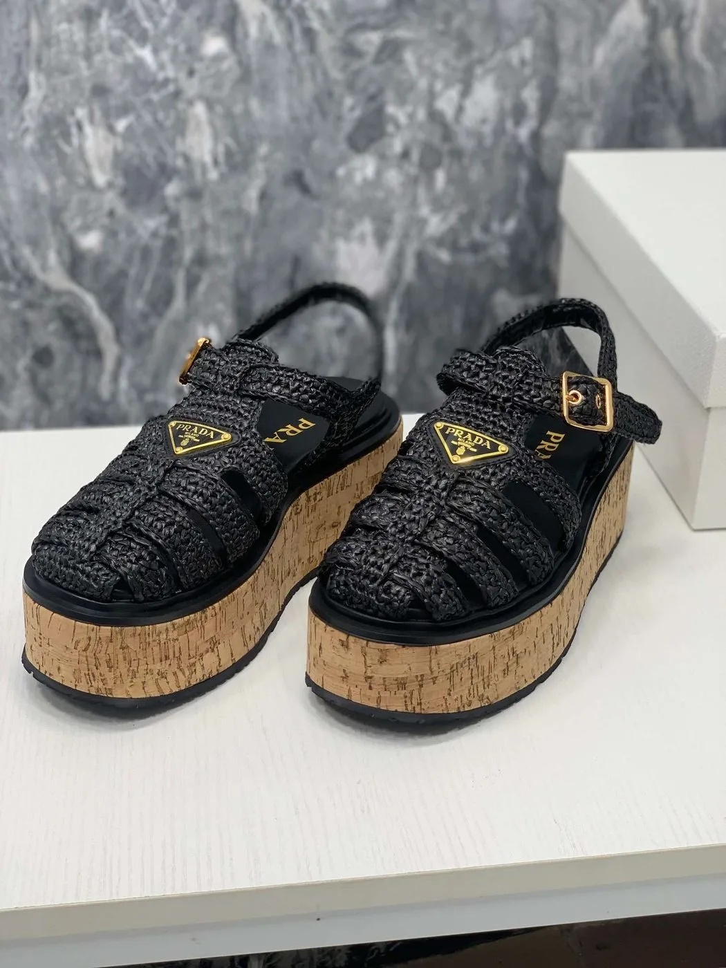 Prada Crochet Wedge Sandals Black - Image 3