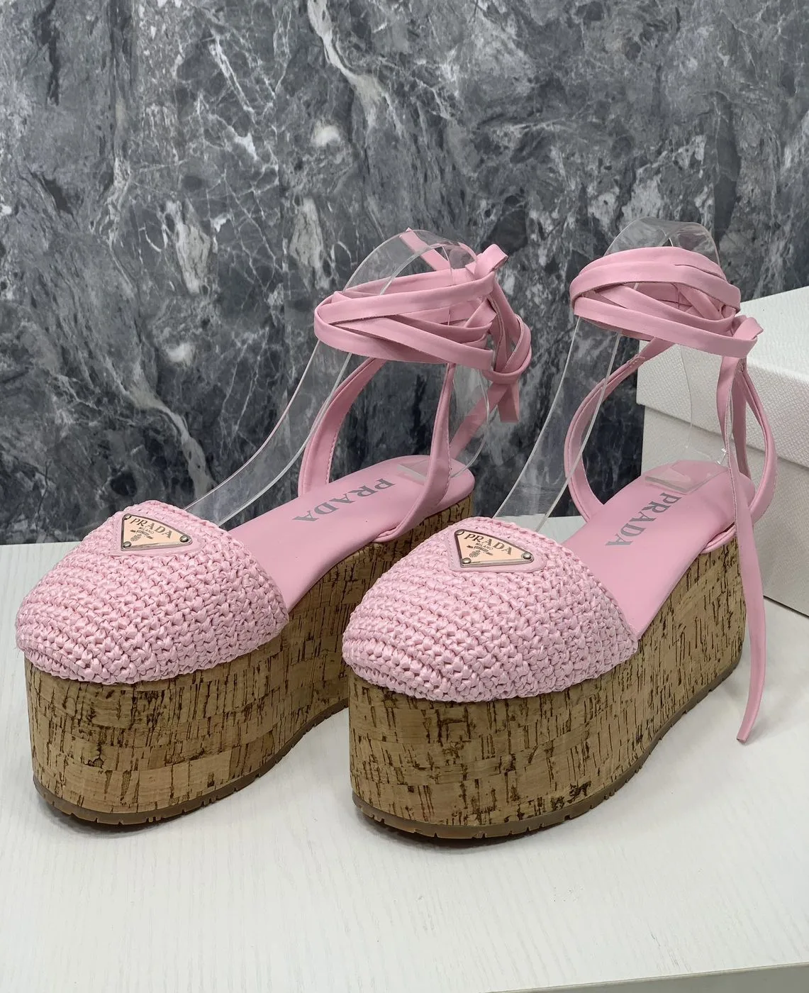 Prada Crochet Wedge Sandals Pink - Image 2