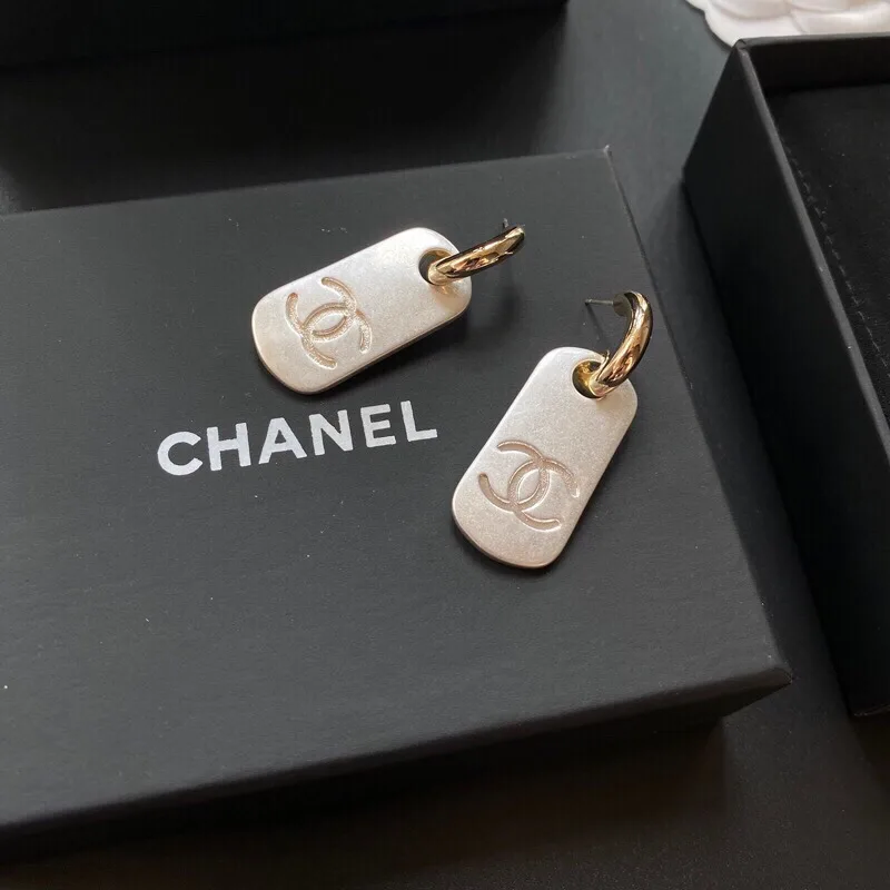 Alternative view of Chanel Dangling Big Tag Earrings Gold Tone