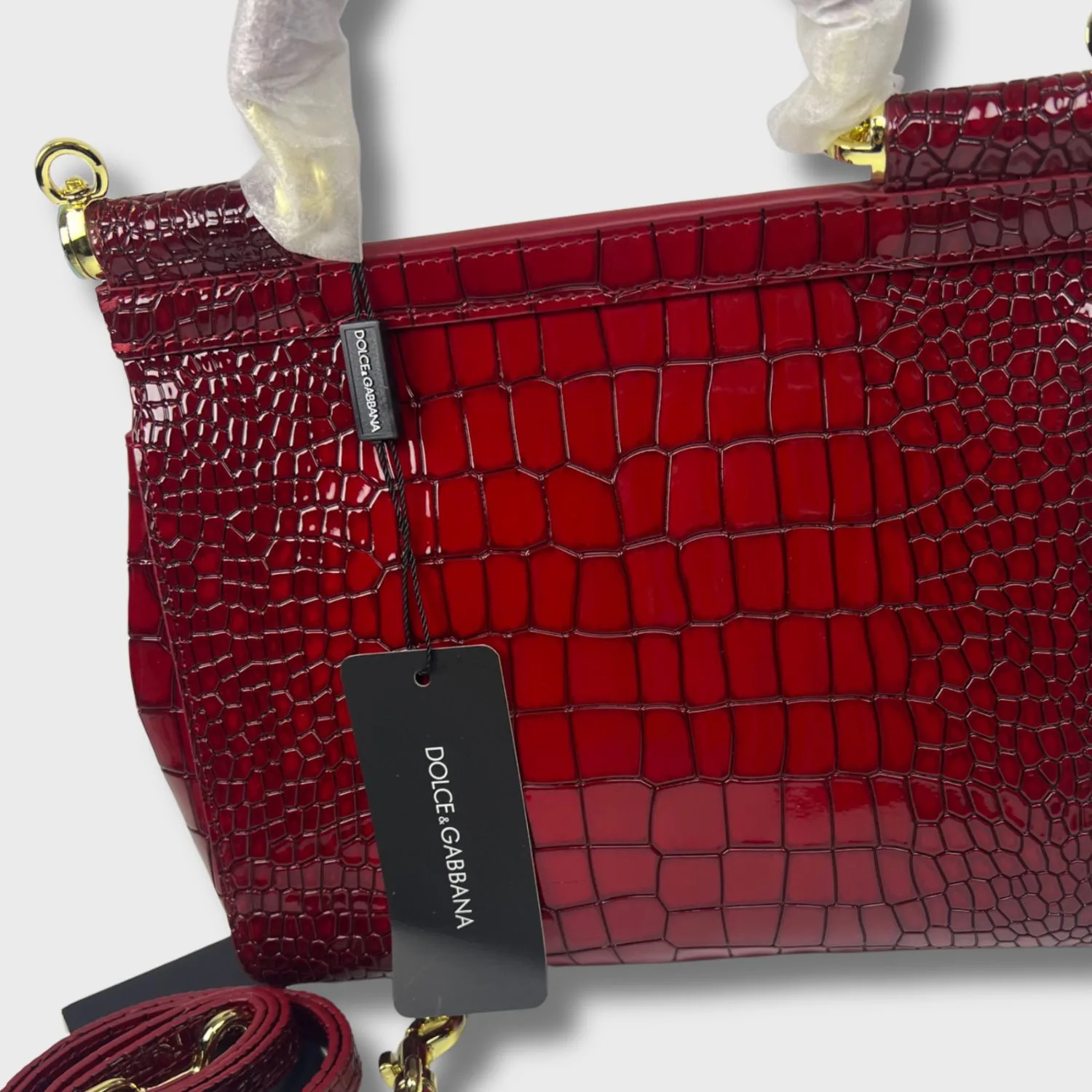 Dolce & Gabbana Medium Sicily Bag In Foiled Crocodile-Print Burgundy / DG - Image 3
