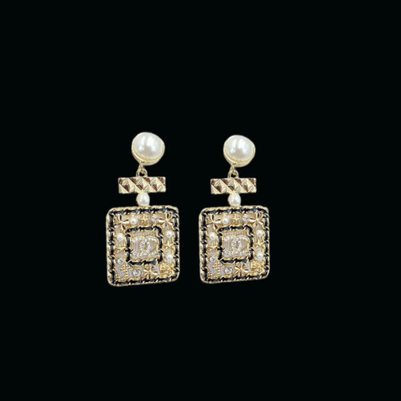 Chanel Douple Black Border Square Frame Earrings Gold Tone - Image 7