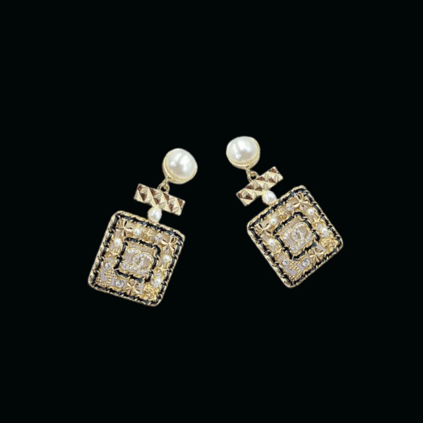Chanel Douple Black Border Square Frame Earrings Gold Tone - Image 5