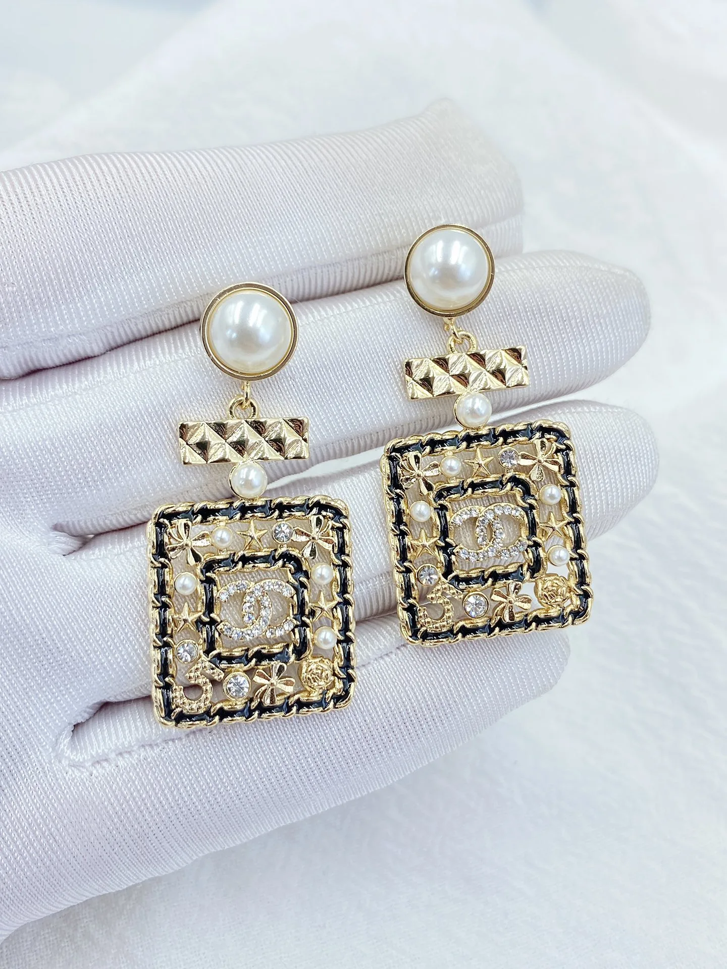 Alternative view of Chanel Douple Black Border Square Frame Earrings Gold Tone