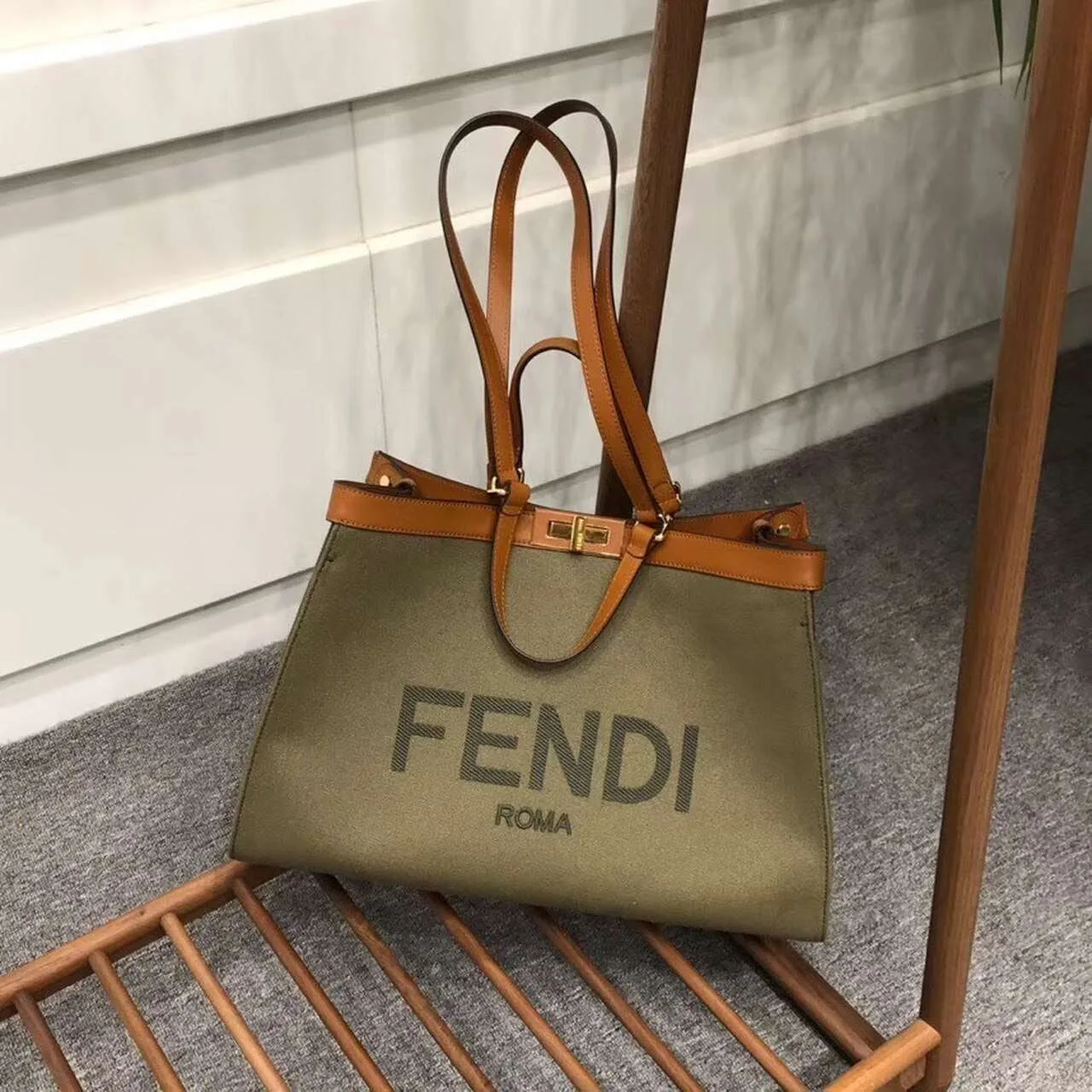 Alternative view of Fendi Peekaboo X-Tote Canvas Bag Green Khaki / FF 8BH374