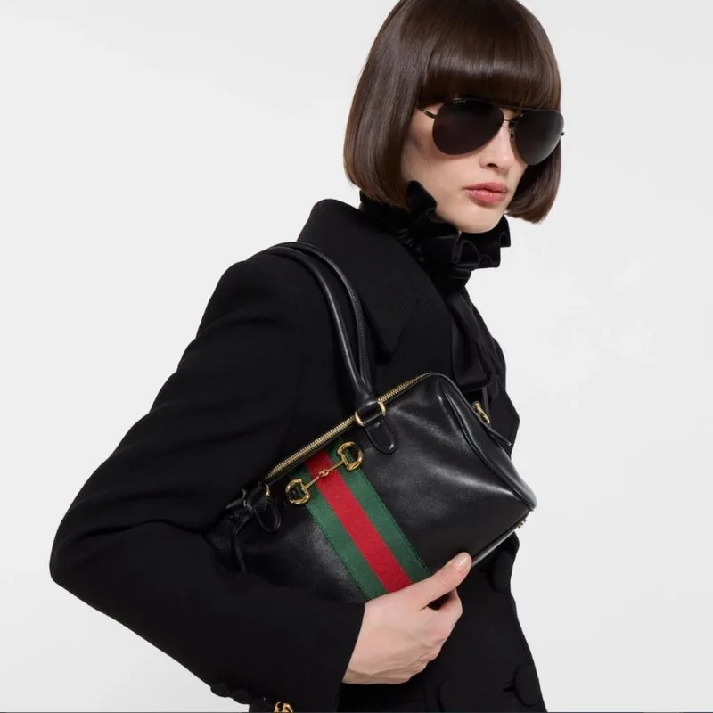 Alternative view of Gucci Borsetto Medium Boston Shoulder Bag / Black Gold Hardware