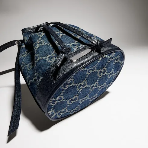 Gucci Bucket With Gucci Plaque Mini Shoulder Bag / Dark Blue Denim Palladium Hardware - Image 7