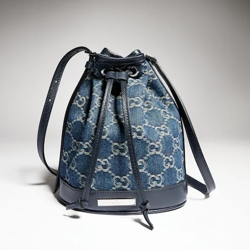 Gucci Bucket With Gucci Plaque Mini Shoulder Bag / Dark Blue Denim Palladium Hardware - Image 3